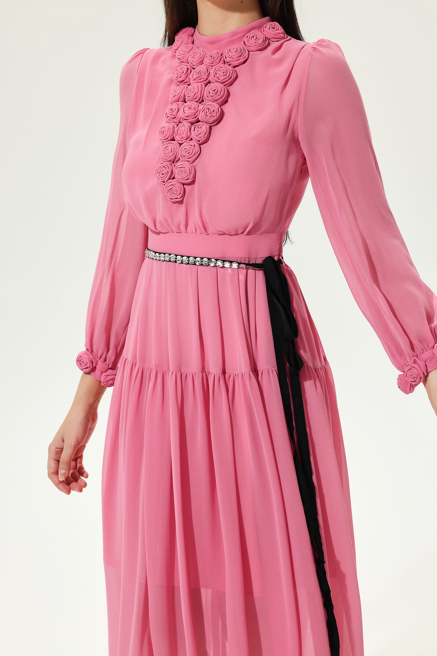 3D Flower Lantern Sleeve Crew Collar Midi Dress
