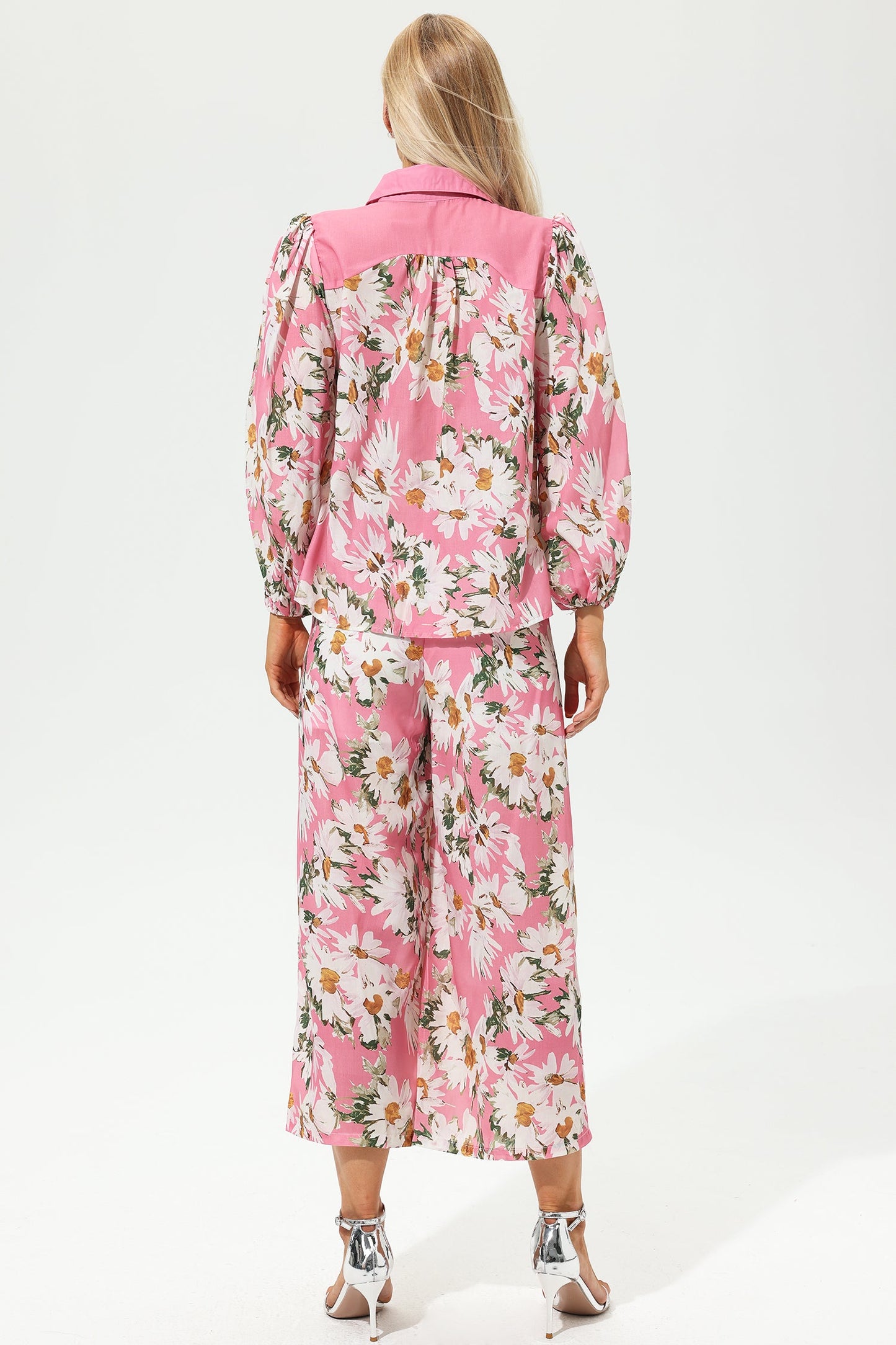 Floral Puff Sleeve Lapel Wide Leg Pants Set