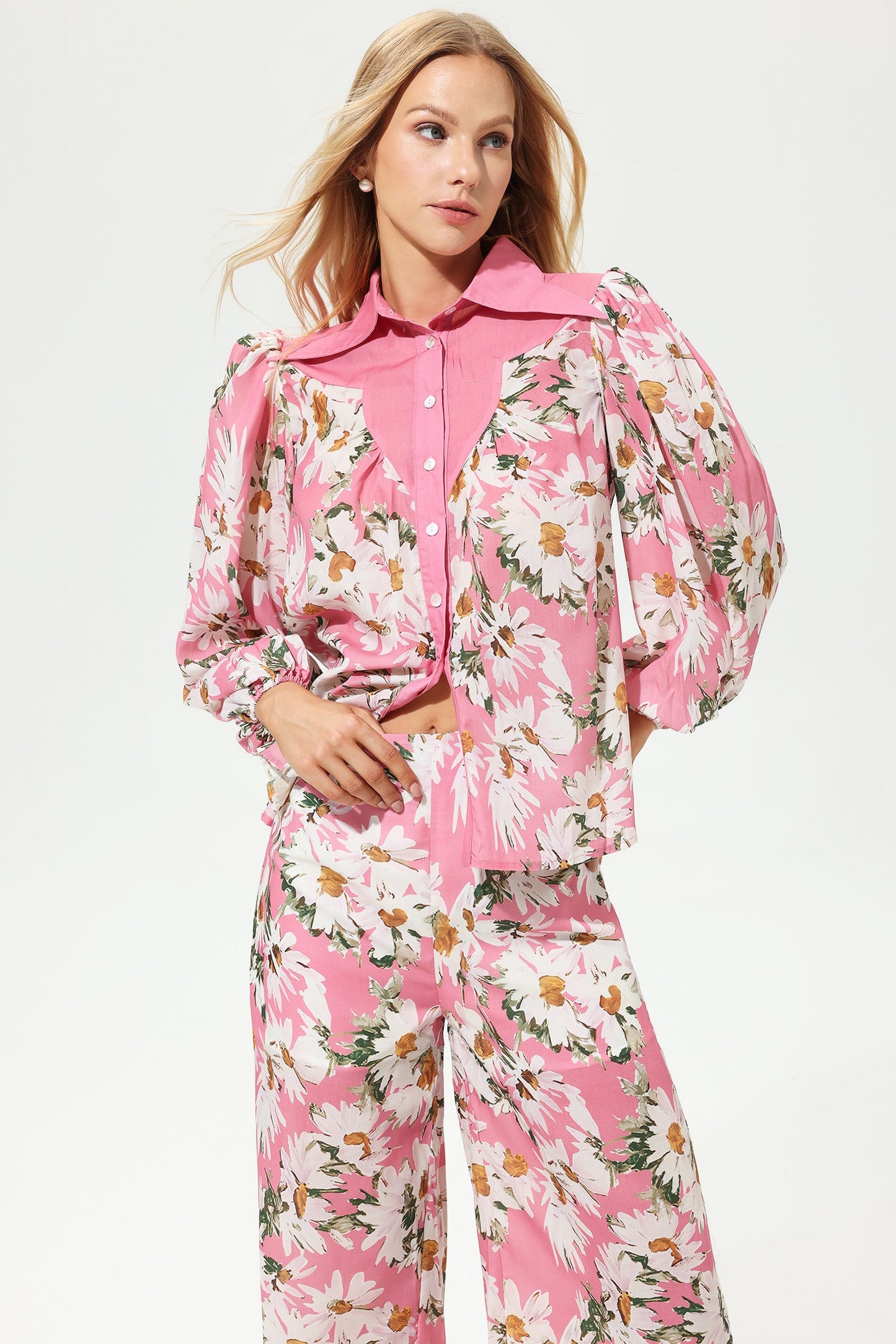 Floral Puff Sleeve Lapel Wide Leg Pants Set