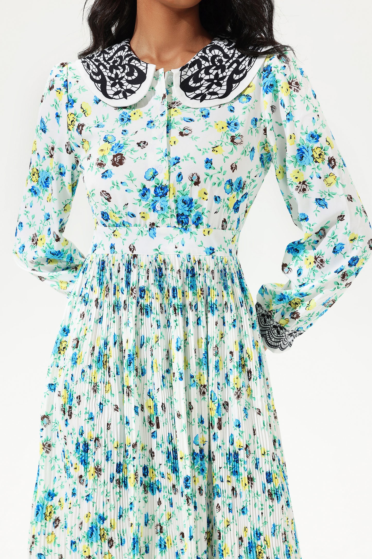 Floral Lantern Sleeve Doll Collar Lace Midi Dress