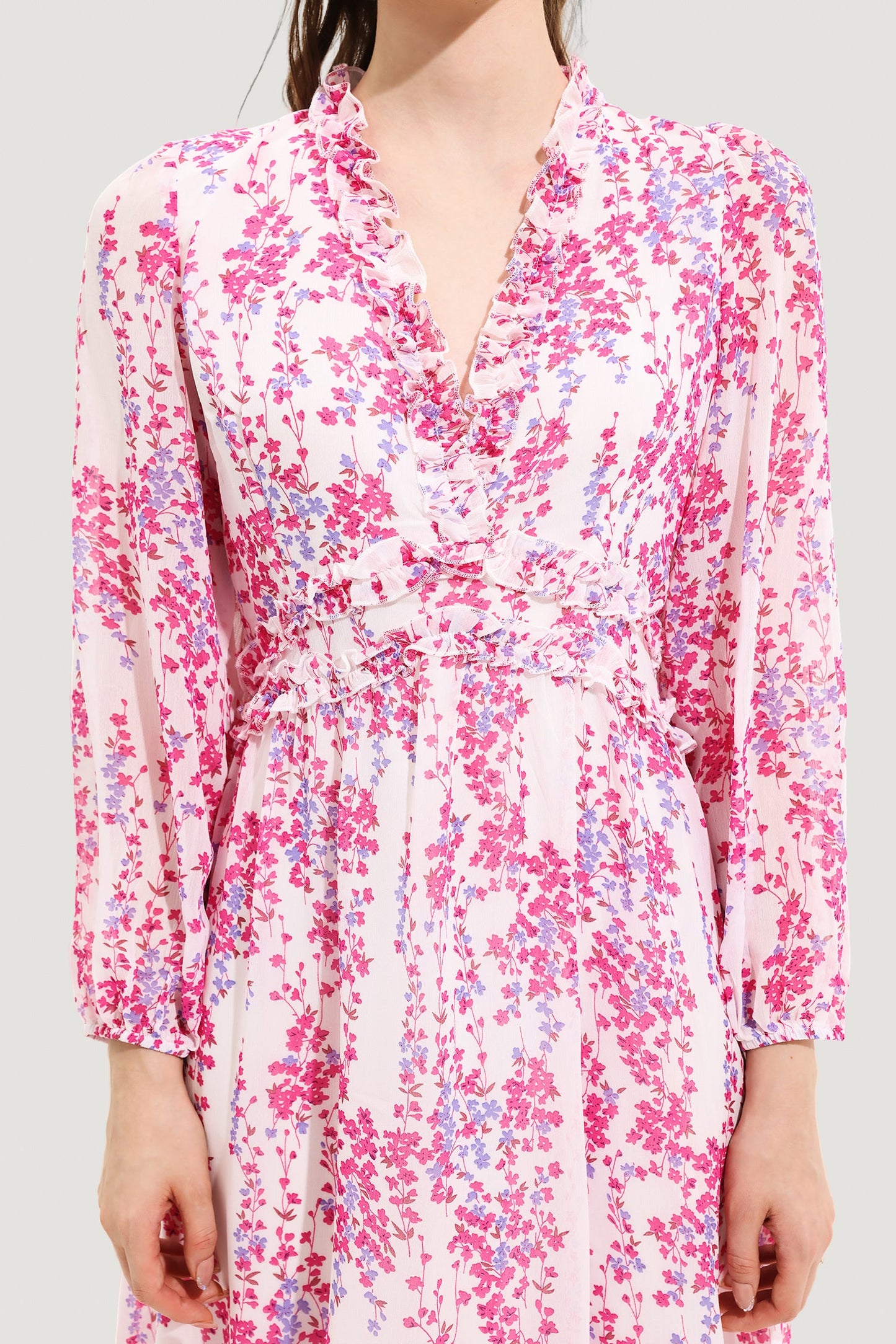 Floral V-Neck Long Sleeve Midi Dress Pink