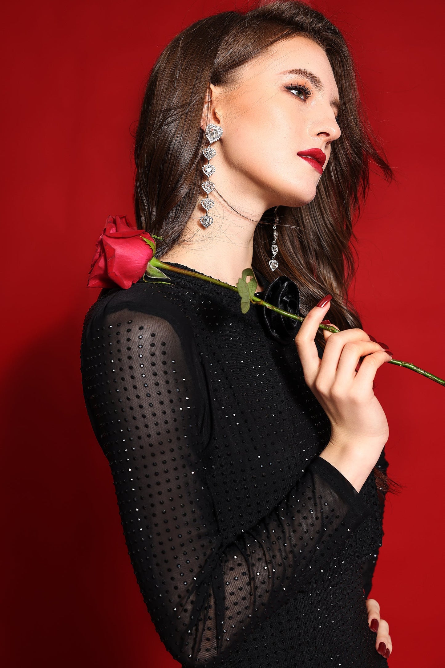 Rhinestone Stand Collar Solid Mermaid Maxi Dress