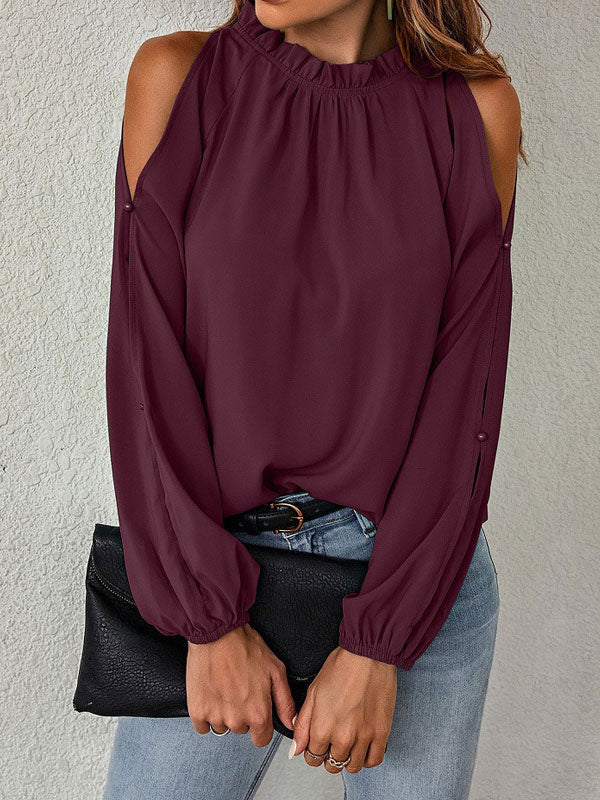 Shirt For Women Red Jewel Neck Casual Long Sleeves Tops