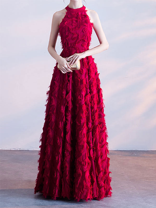 Feather Maxi Dress Halter Sleeveless A-Line Elegant Prom Dresses