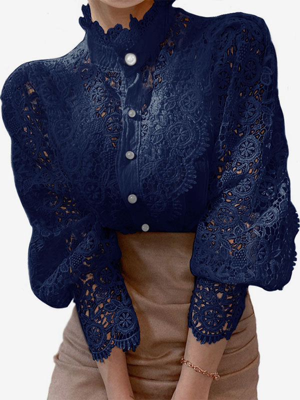 Blouse For Women Pink Lace Cut Out High Collar Casual Long Sleeves Lace Tops