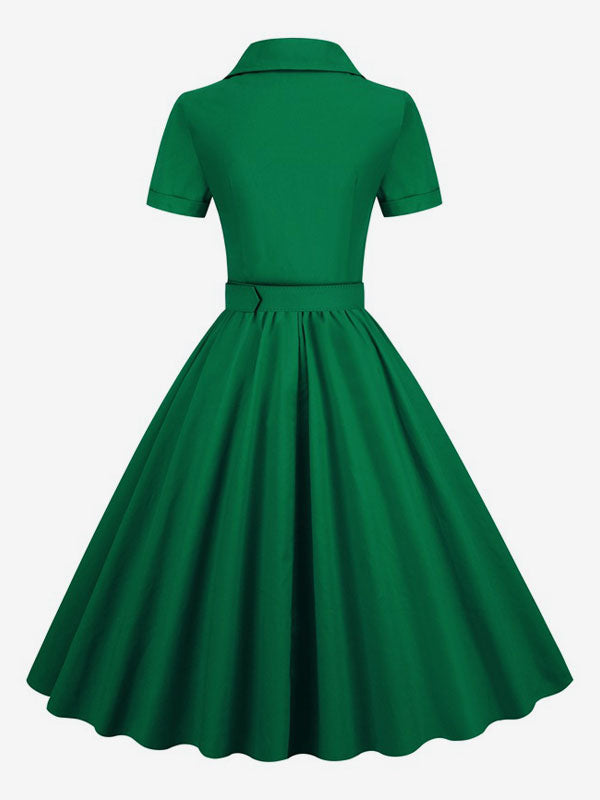 Retro Glamour Dress 1950s Style V-Neck Buttons Layered Short Sleeves Medium Rockabilly Dress