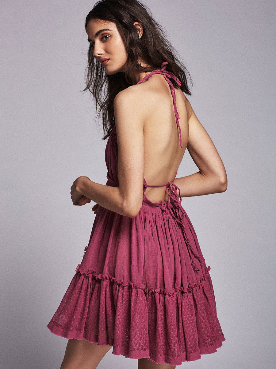 Backless Halter Mini Dress for Women - Boho Textured Ruffle V Neck Tie Back Babydoll Dress - Summer Beach Party 2026