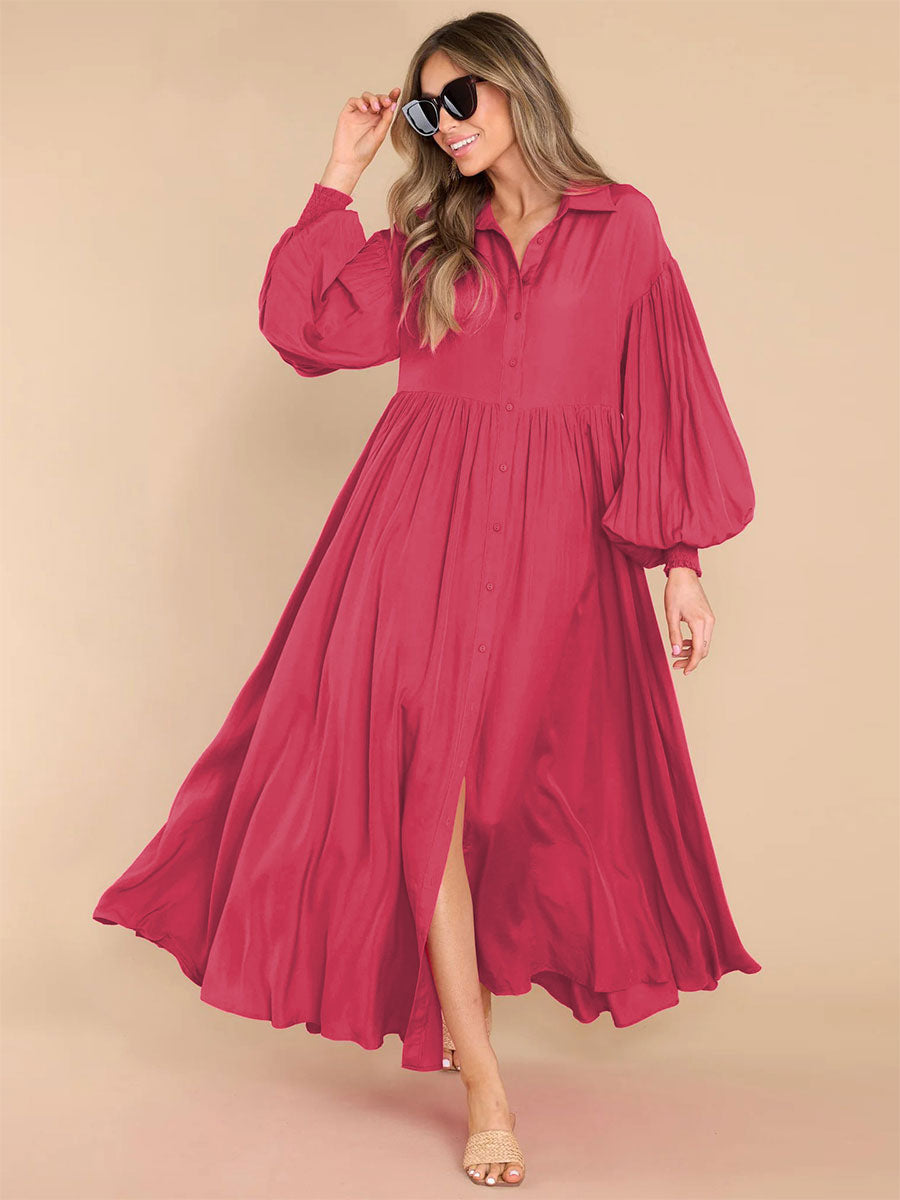 Boho Maxi Shirt Dress For Women- Long Puff Sleeve Casual Flowy Dress - Summer Vacation Beach Evening Wear 2026