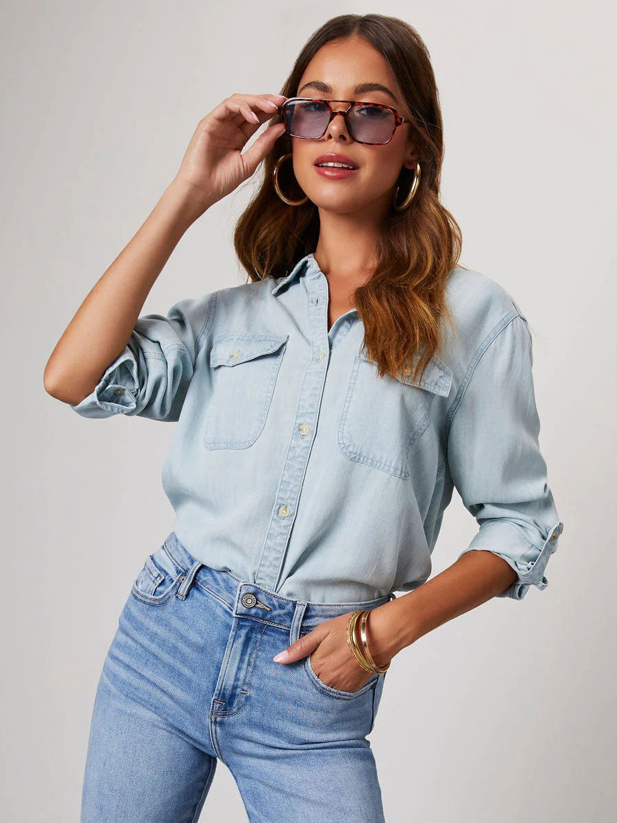 Denim Blouse For Women Turndown Collar Flap Pockets Daily Tops