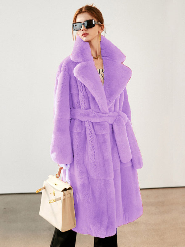 Faux Fur Long Coat Notched Lapel Belted Winter Eco-friendly Jacket For Women 2026
