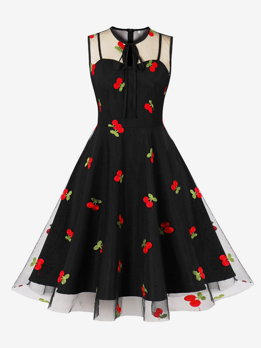 Embroidered Dress Round Neck Sleeveless Lace Up Retro Glamour Dresses