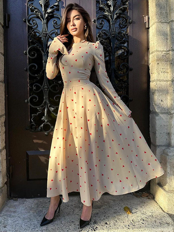 Triangle Printed Dress Round Neck Long Sleeves Casual Maxi Dresses