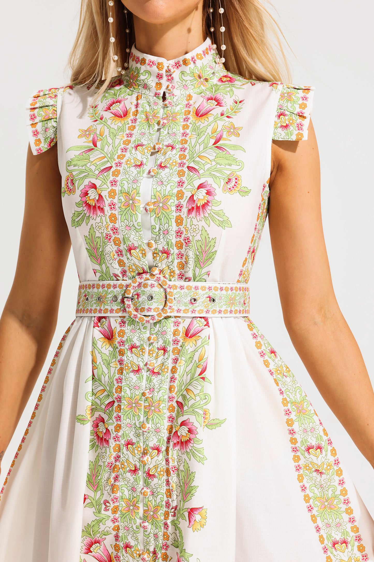 Floral Stand Collar Sleeveless Button Midi Dress With Belt