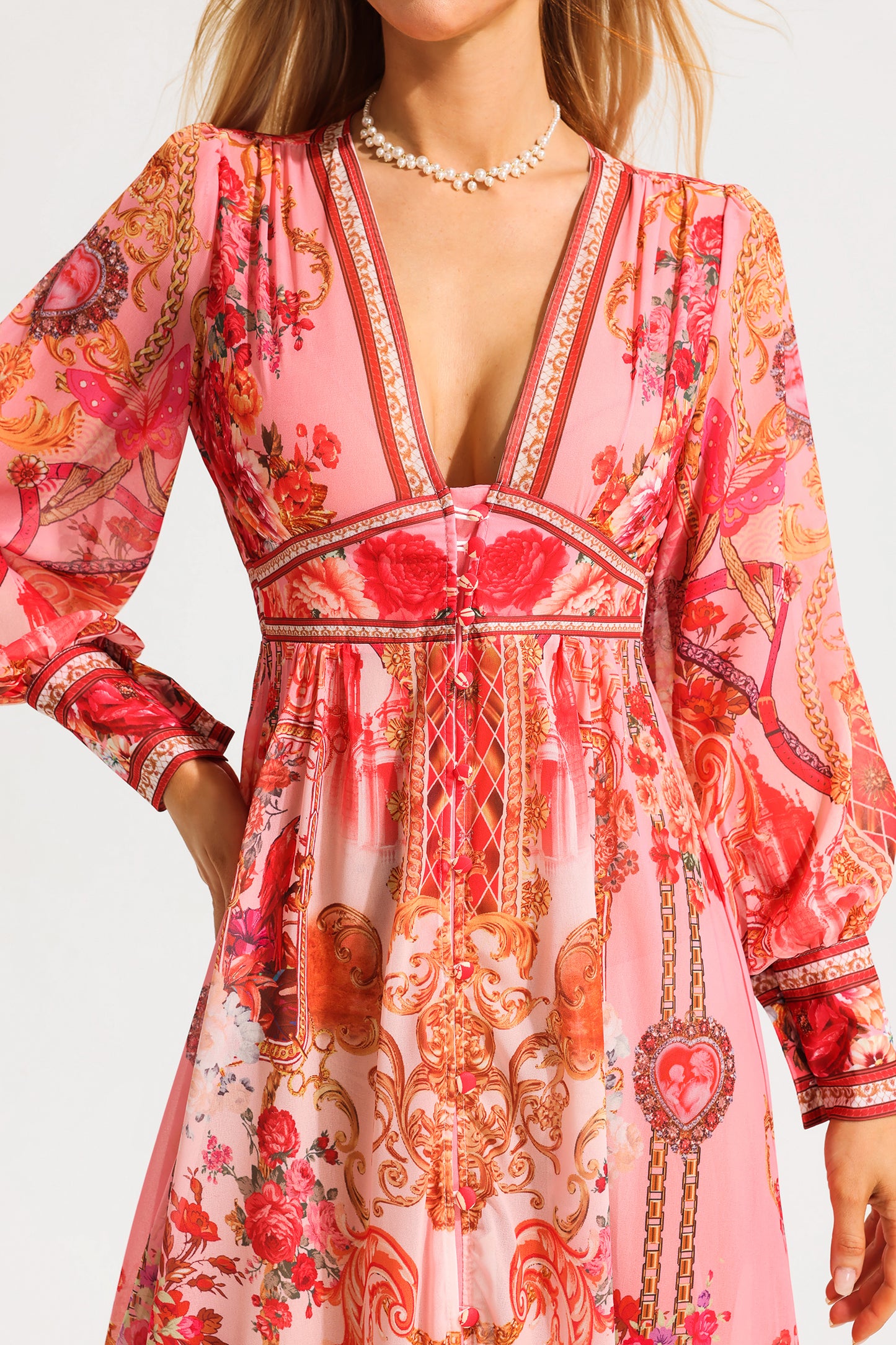 Paisley Print V-Neck Lantern Sleeve Midi Dress