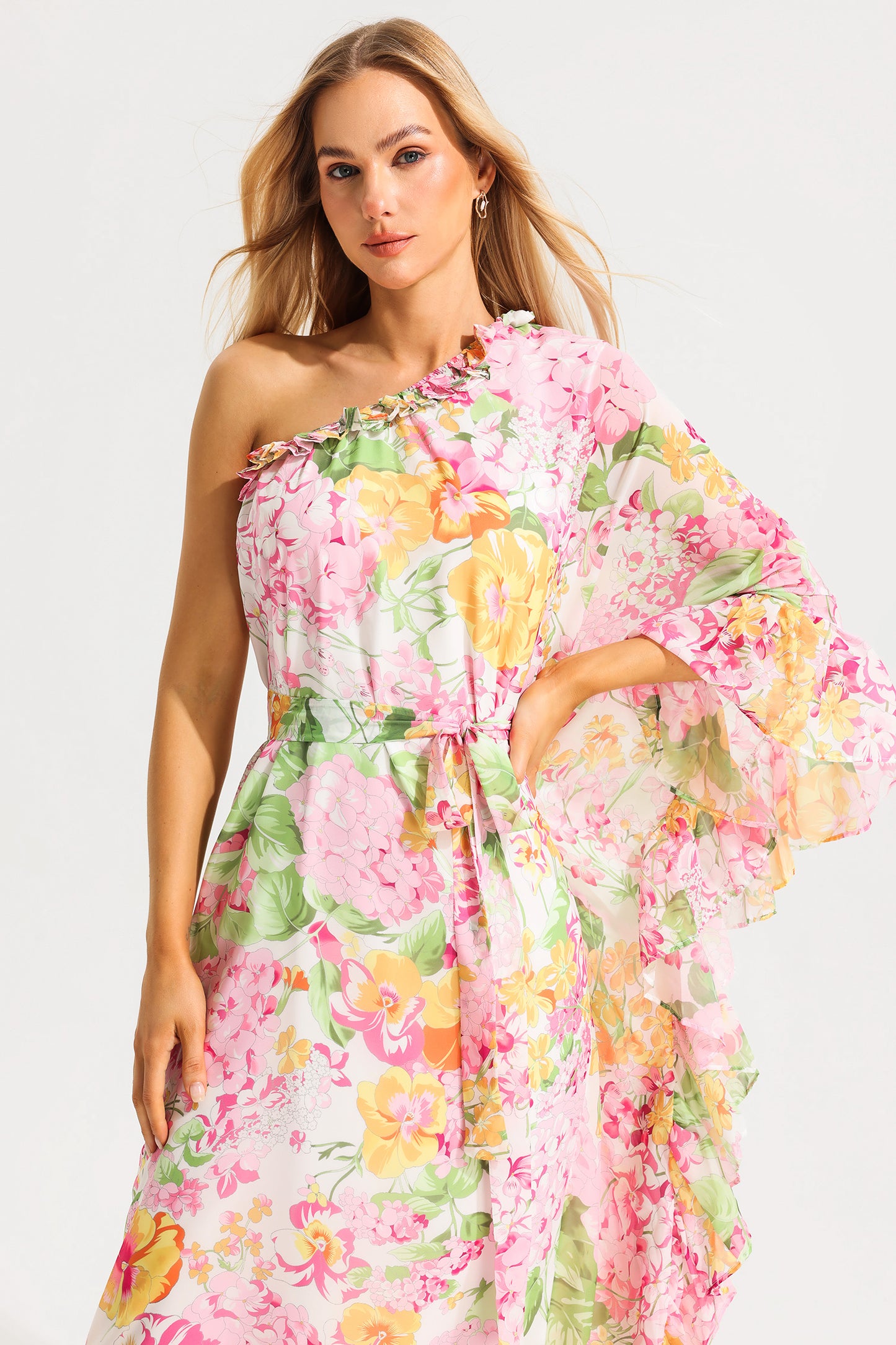 Floral Ruffle Asymmetric One Shoulder Midi Dress