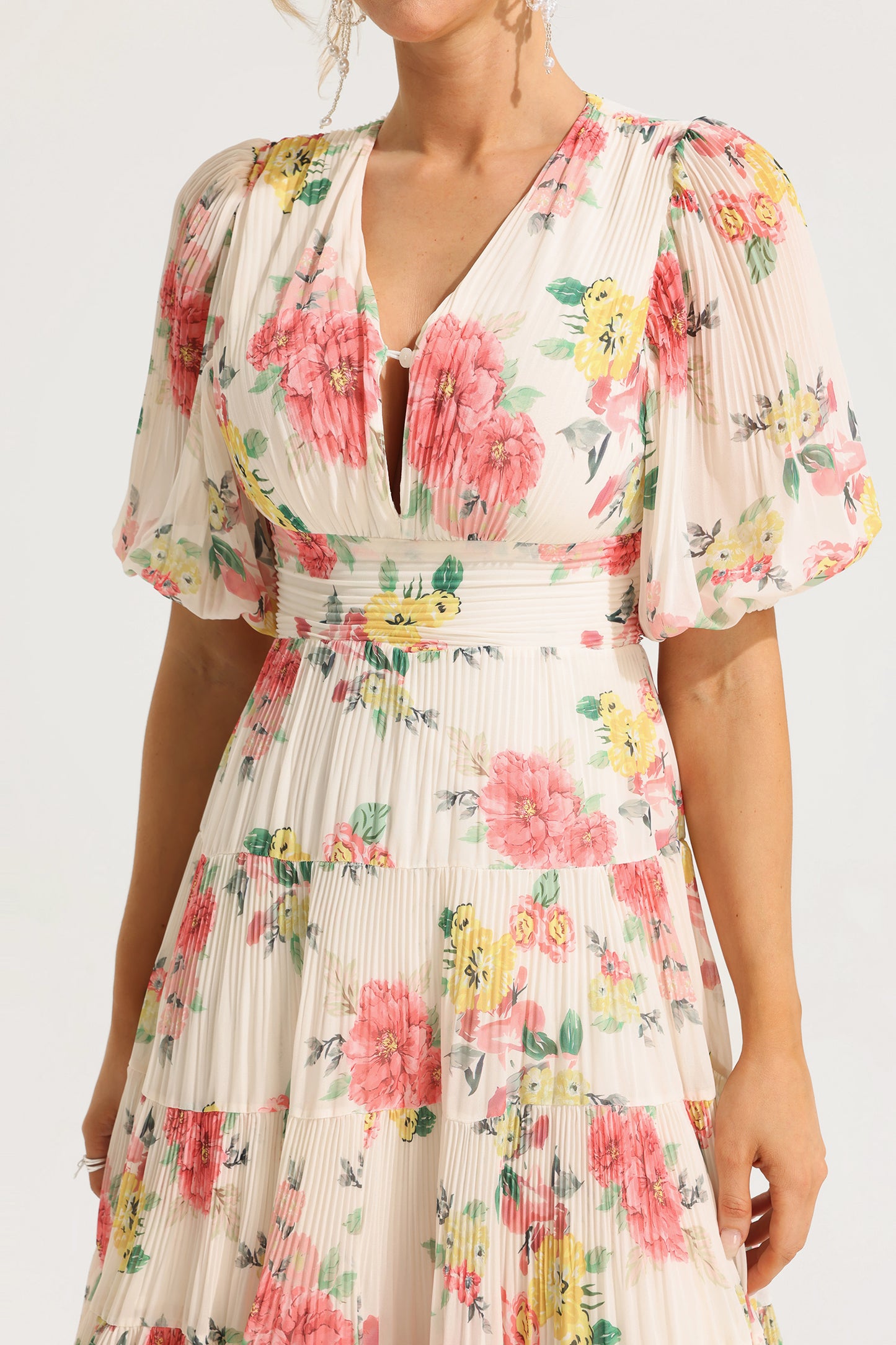 Floral Puff Sleeve Pleat Midi Dress