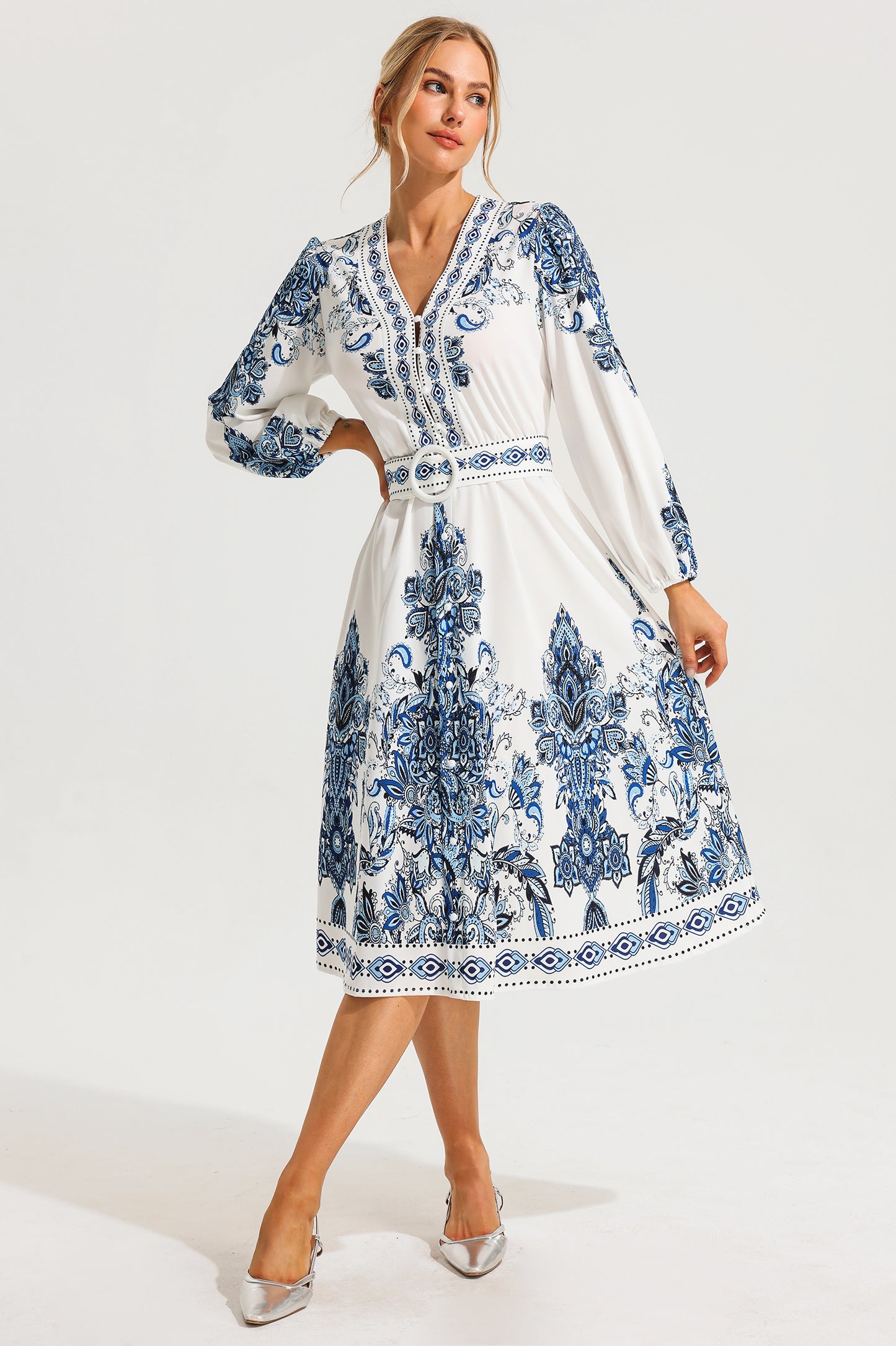 Paisley Single Breasted Long Sleeve Midi Dress With Belt