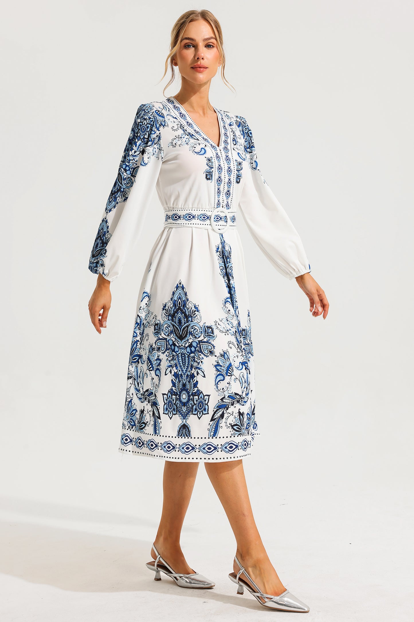 Paisley Single Breasted Long Sleeve Midi Dress With Belt