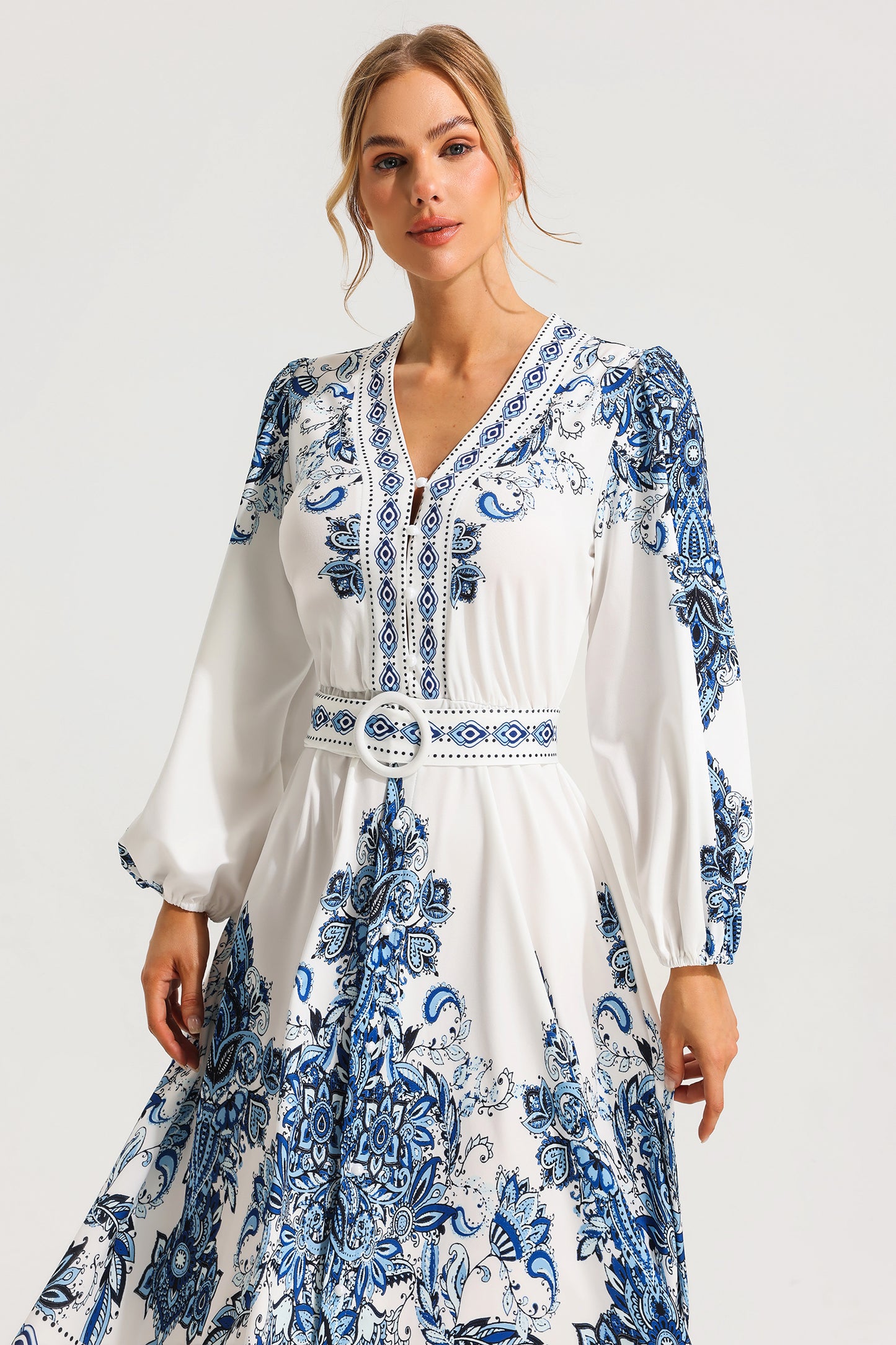 Paisley Single Breasted Long Sleeve Midi Dress With Belt