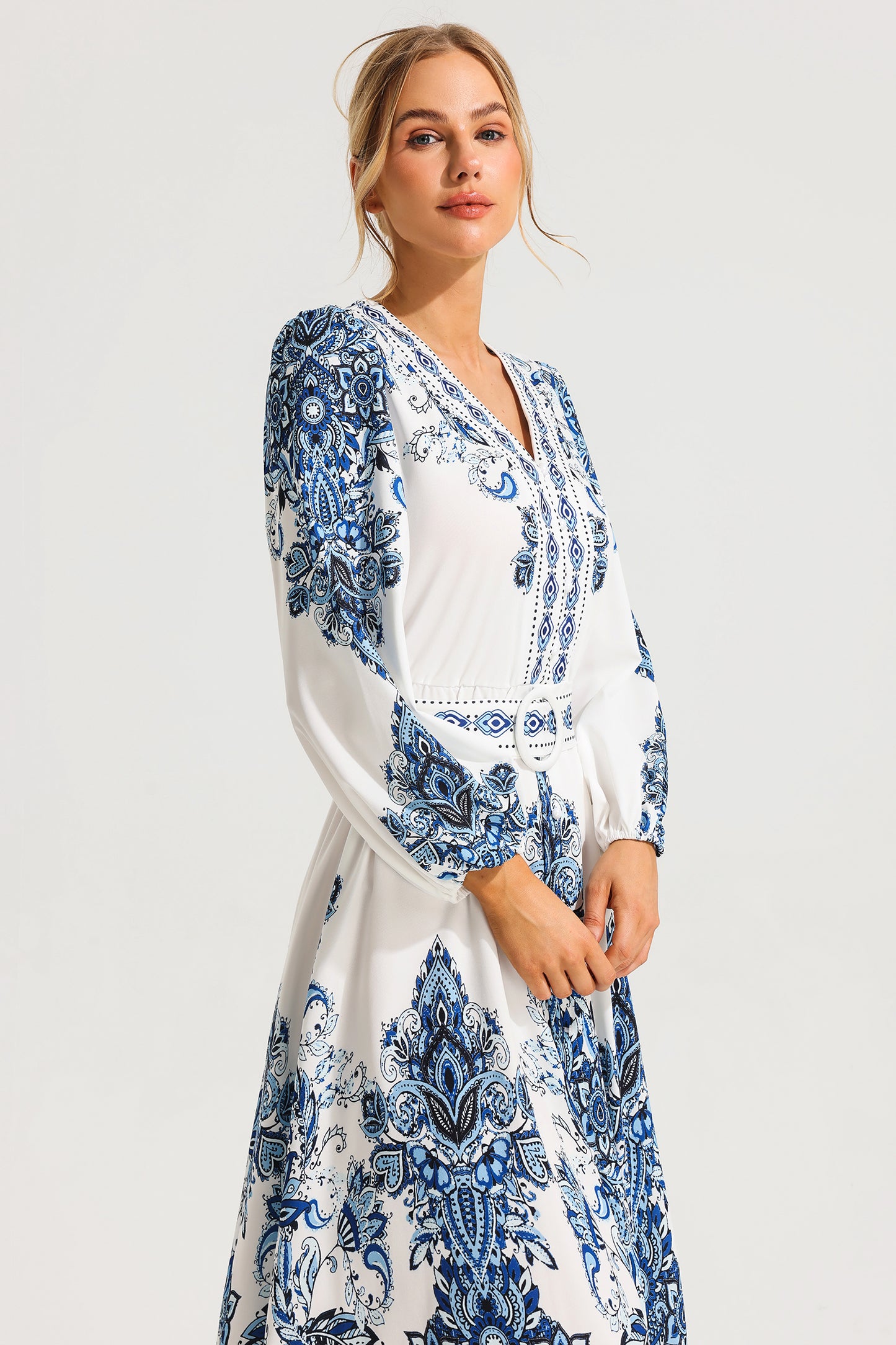Paisley Single Breasted Long Sleeve Midi Dress With Belt