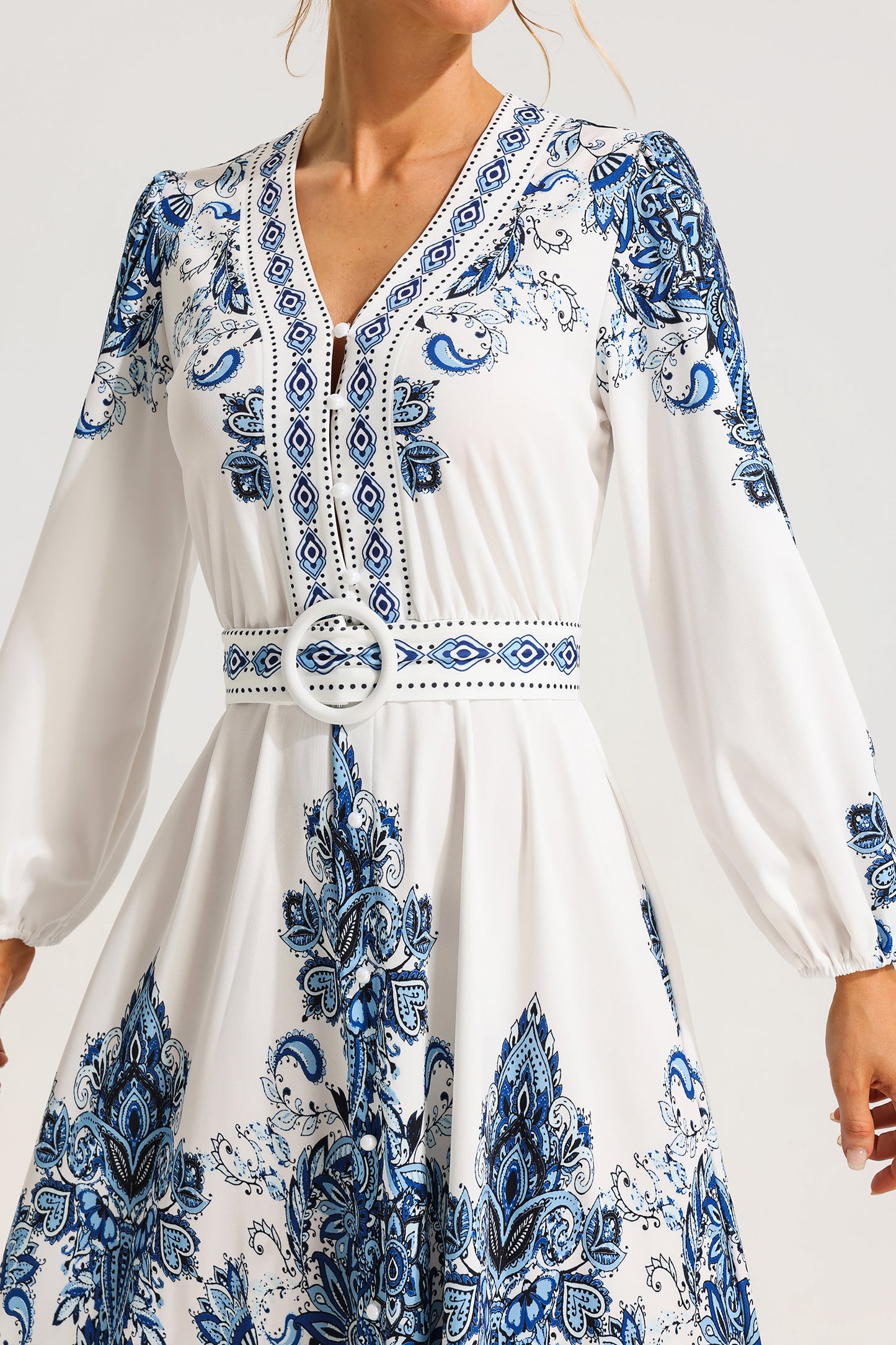 Paisley Single Breasted Long Sleeve Midi Dress With Belt