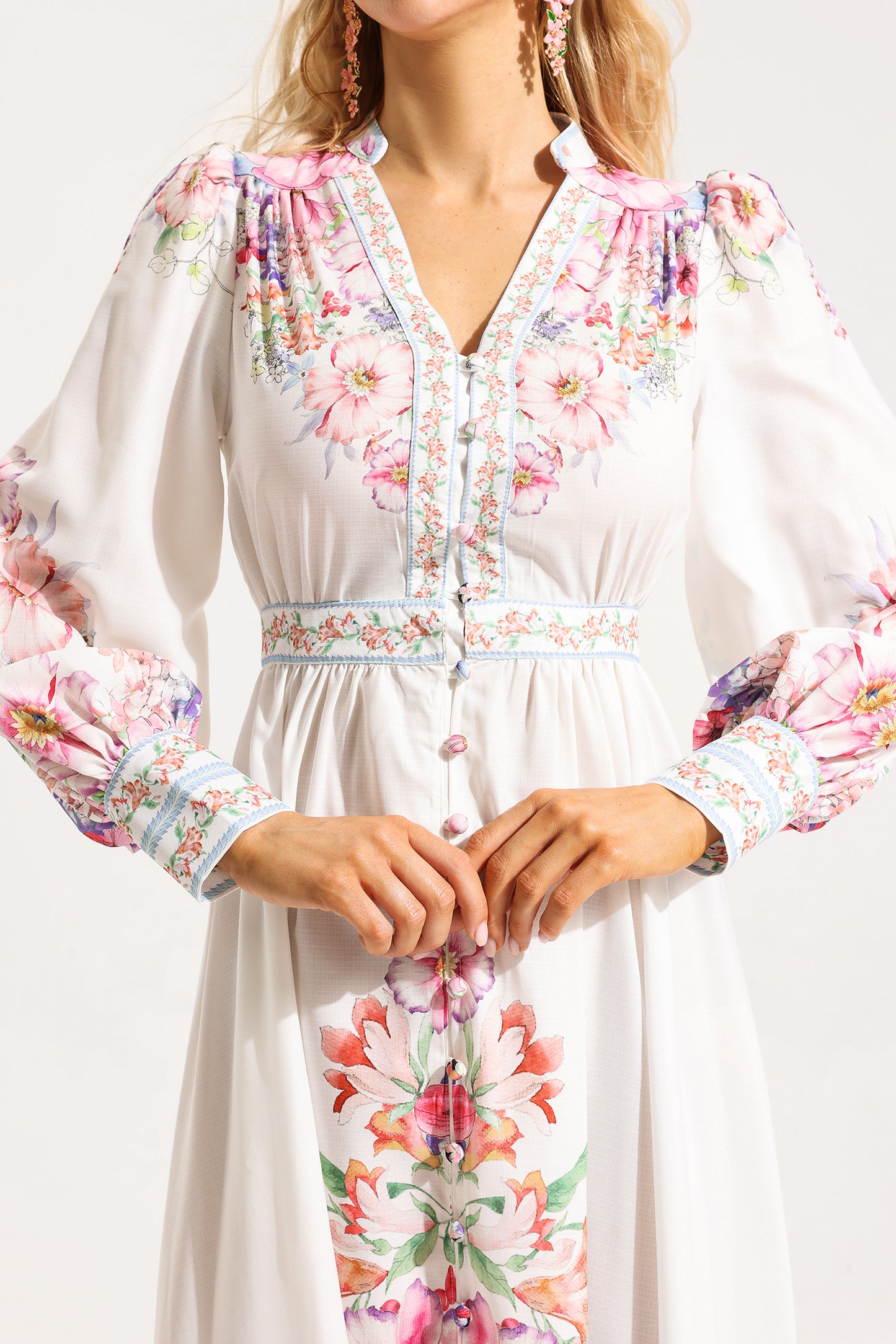 Frill Button Long Sleeve Midi Dress