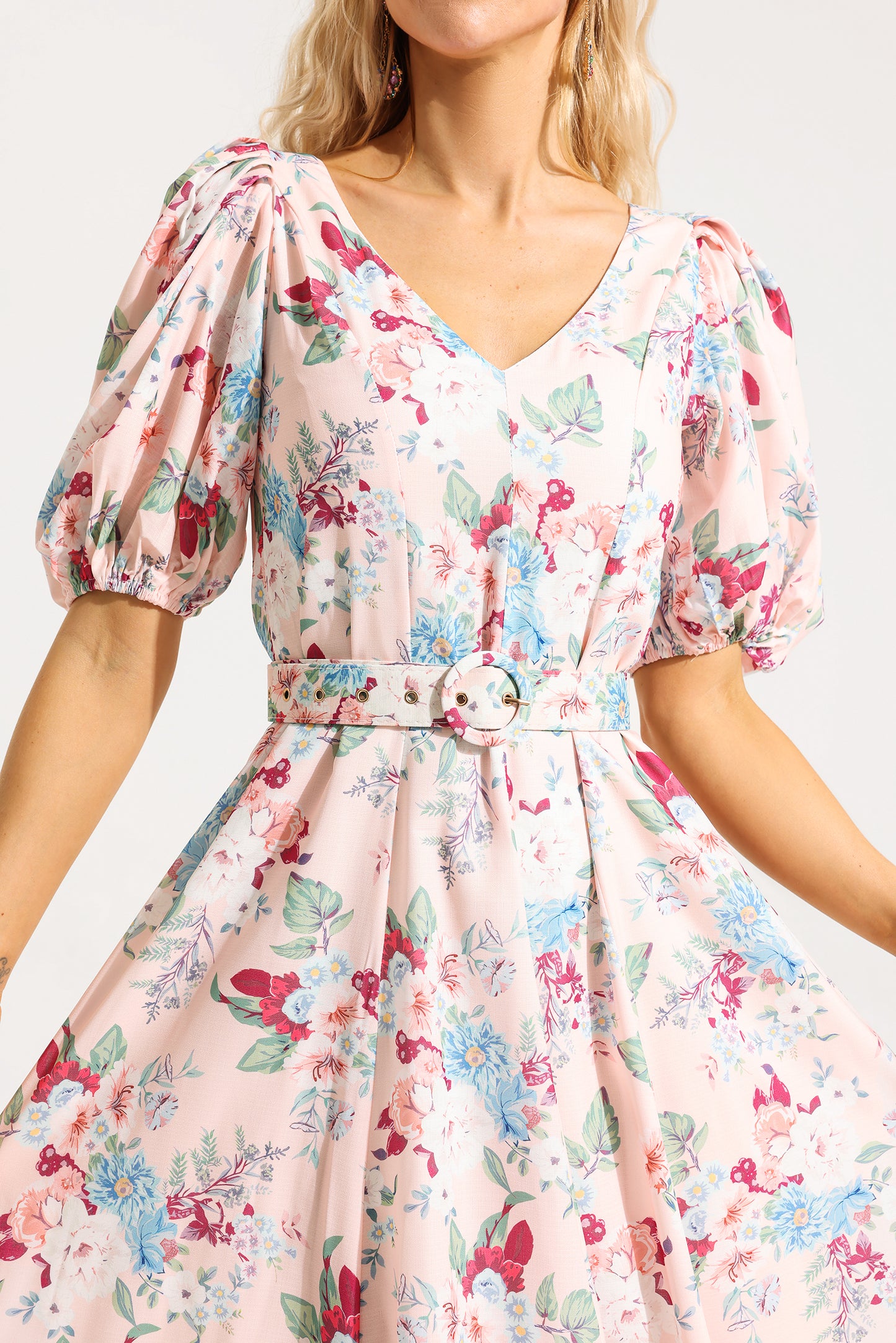 Floral V-Neck Puff Sleeve Midi Dress With Belt