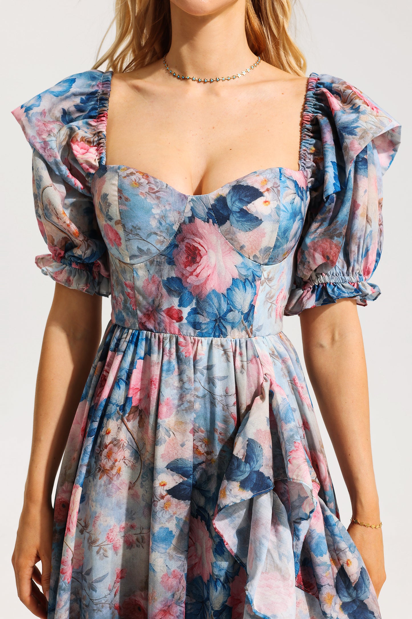 Floral Frill Puff Sleeve Sweetheart Neck Maxi Dress
