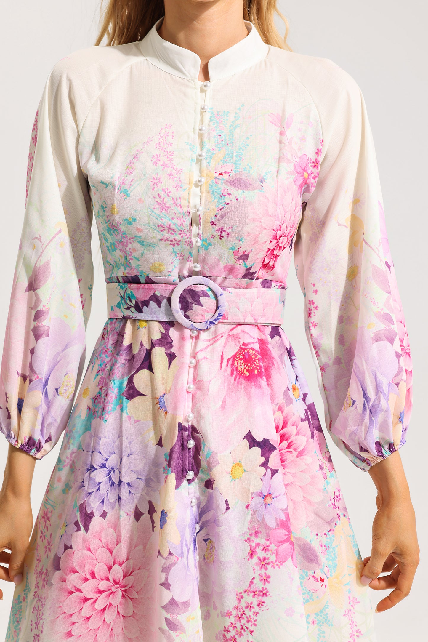 Floral Bottom Lantern Sleeve Midi Dress With Belt