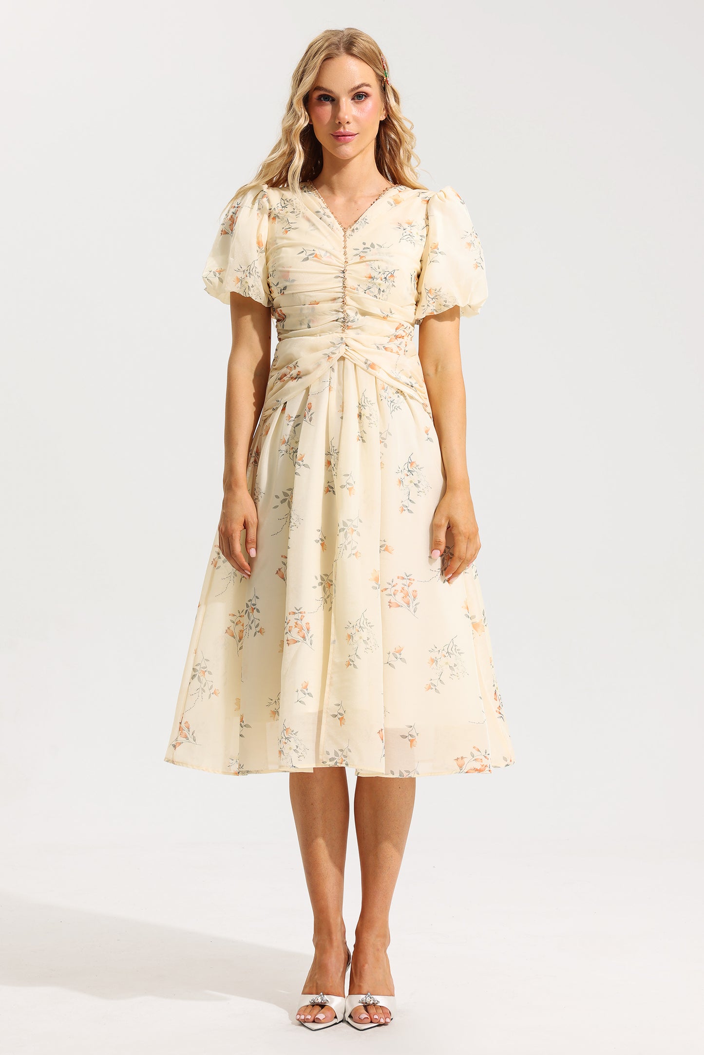 Floral V-Neck Short Sleeve Midi Dress