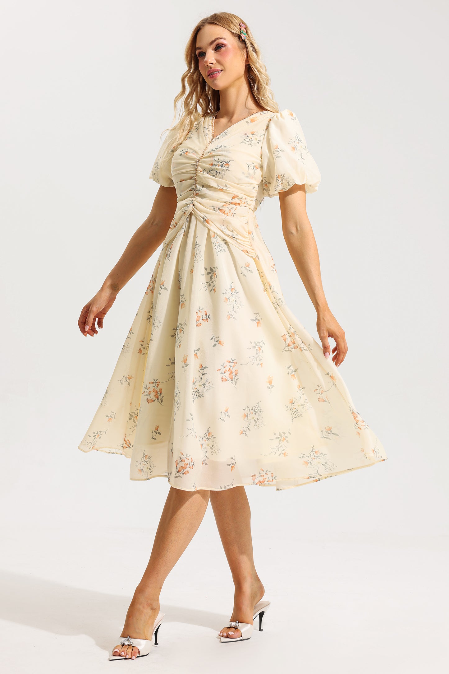 Floral V-Neck Short Sleeve Midi Dress