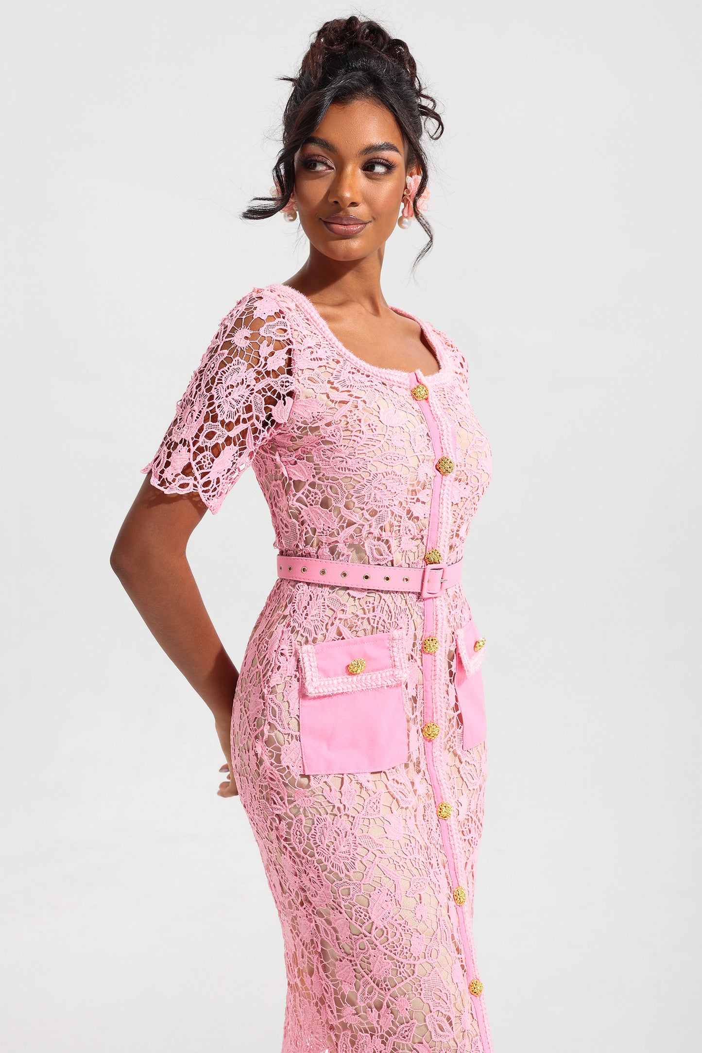Lace Metal Bottom Round Neck Midi Dress