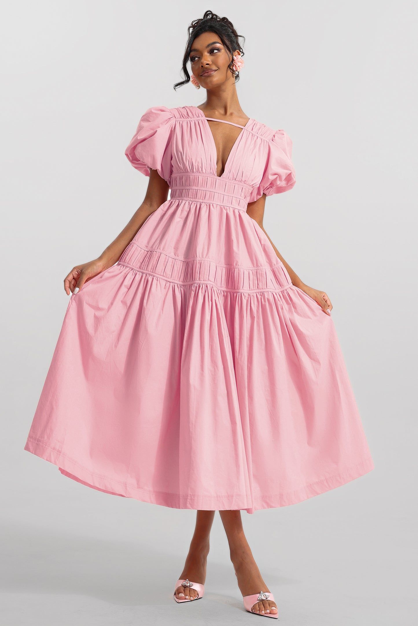 Solid V-Neck Puff Sleeve Midi Dress