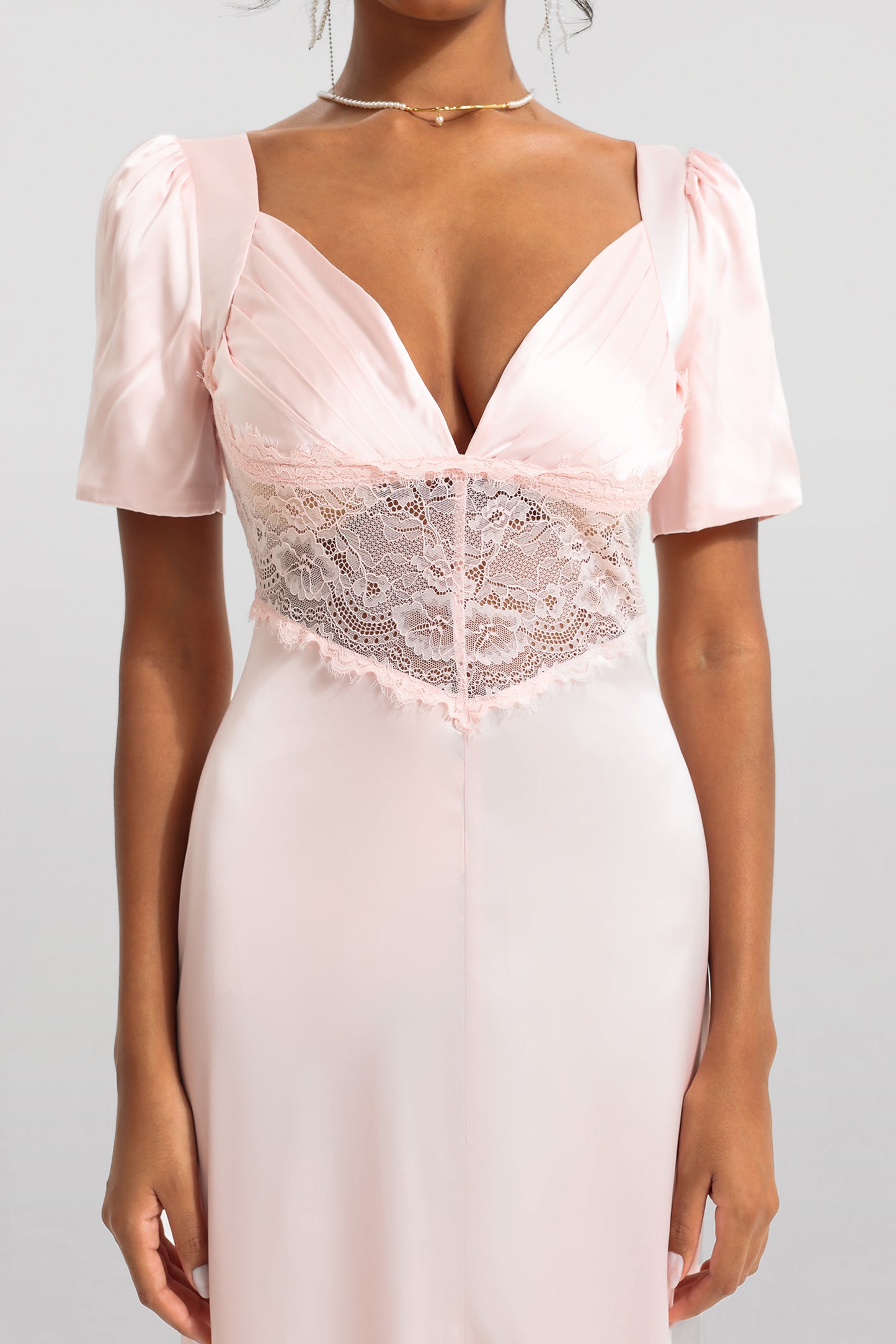 Satin Solid Lace V-Neck Midi Dress