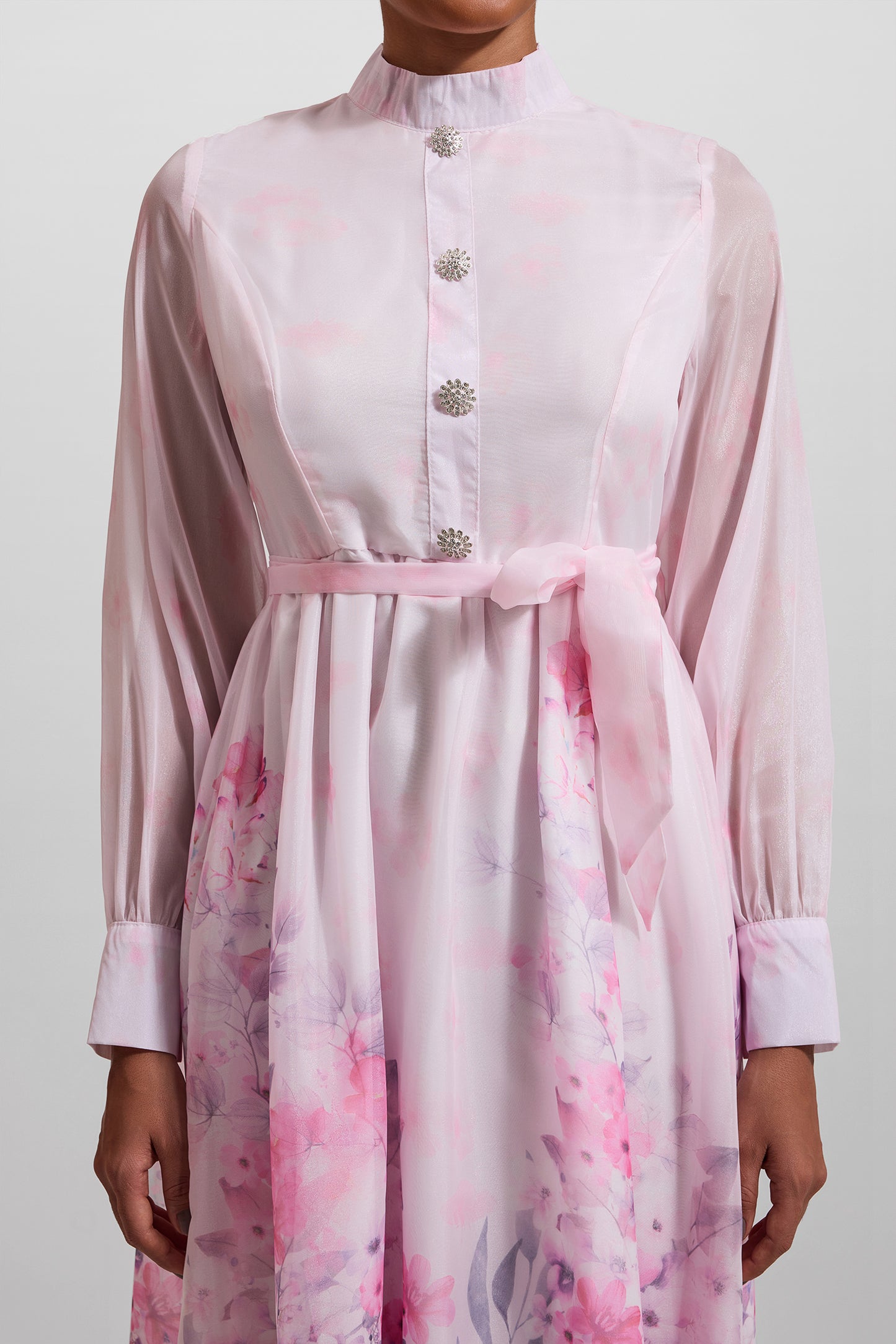 Floral Lantern Sleeve Midi Dress With Belt