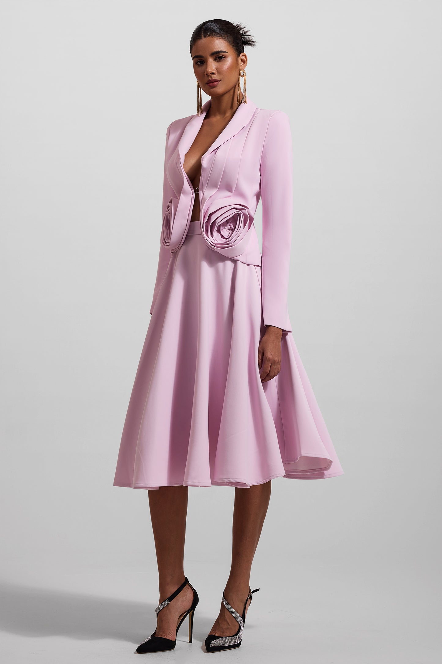 3D Floral Solid Blazer & High Waist Solid Midi Skirt Set