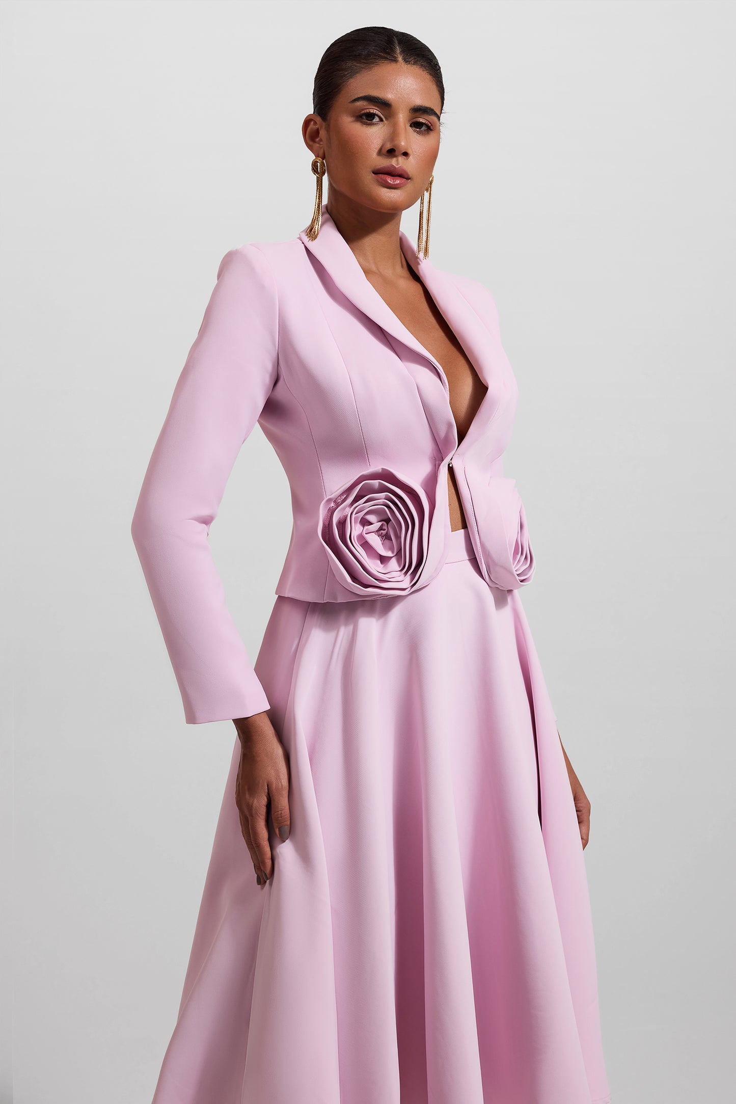 3D Floral Solid Blazer & High Waist Solid Midi Skirt Set