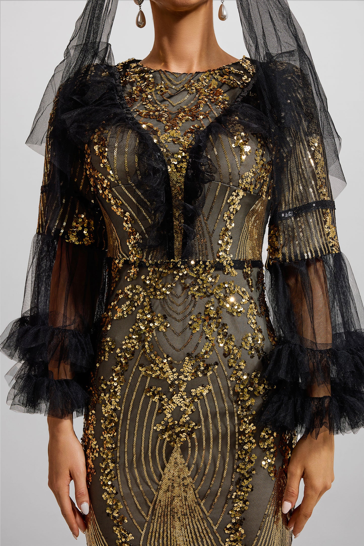 Sequin Ruffle Ball Sleeve Maxi Dress