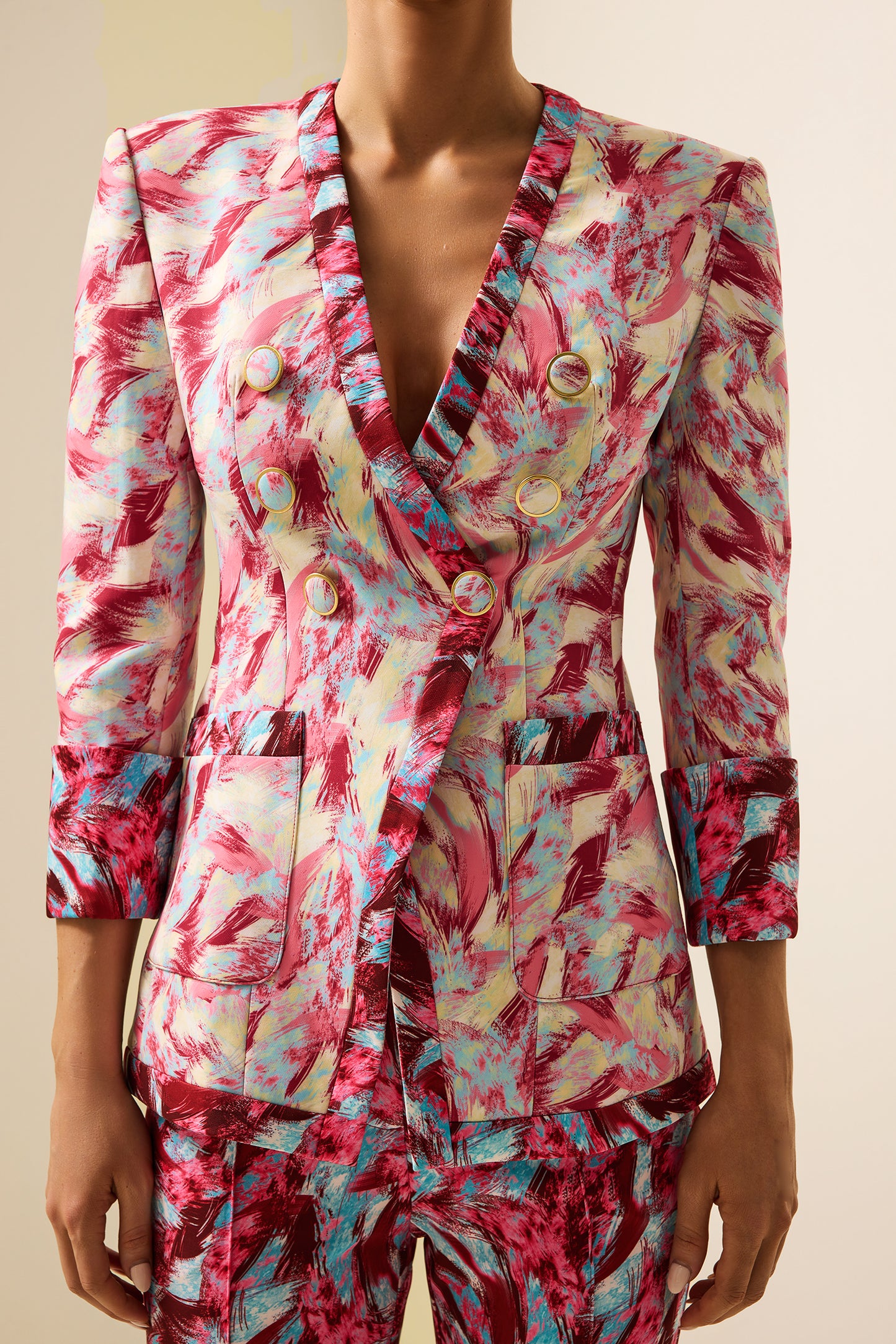 Feather Print V-Neck Long Sleeve Blazer