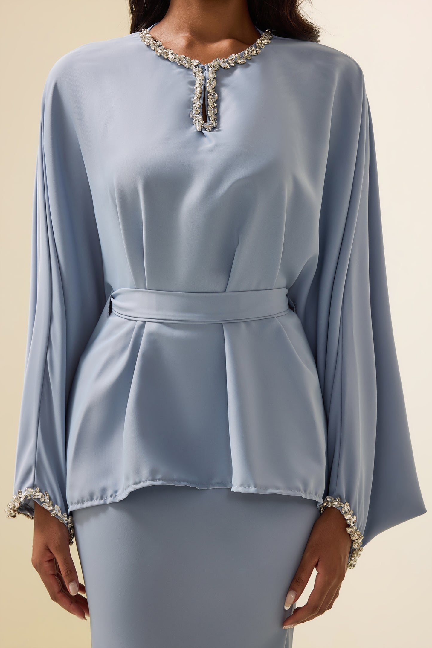 Rhinestone Solid Top & High Waist Solid Midi Skirt Set