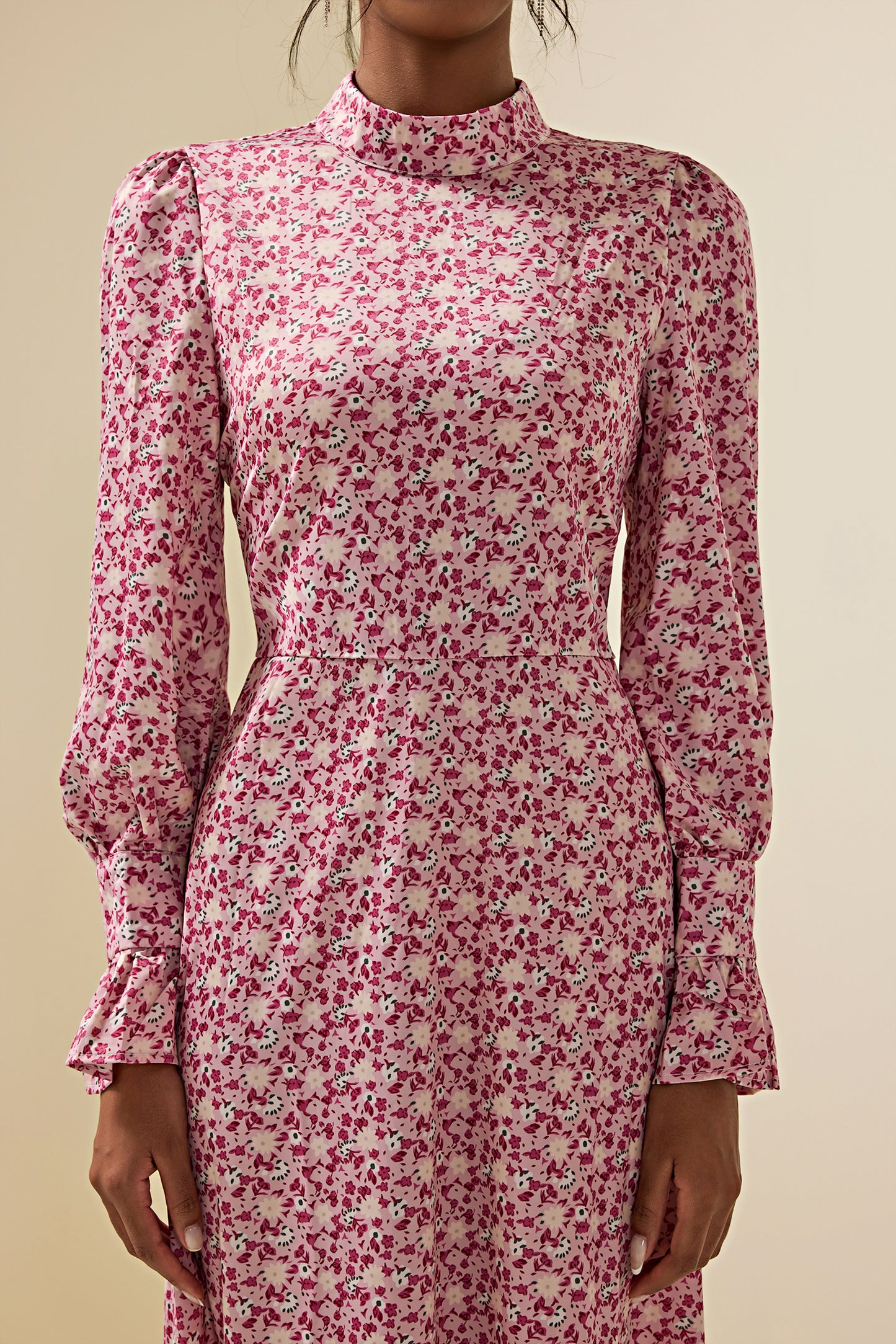 Floral Lace Up Long Sleeve Midi Dress