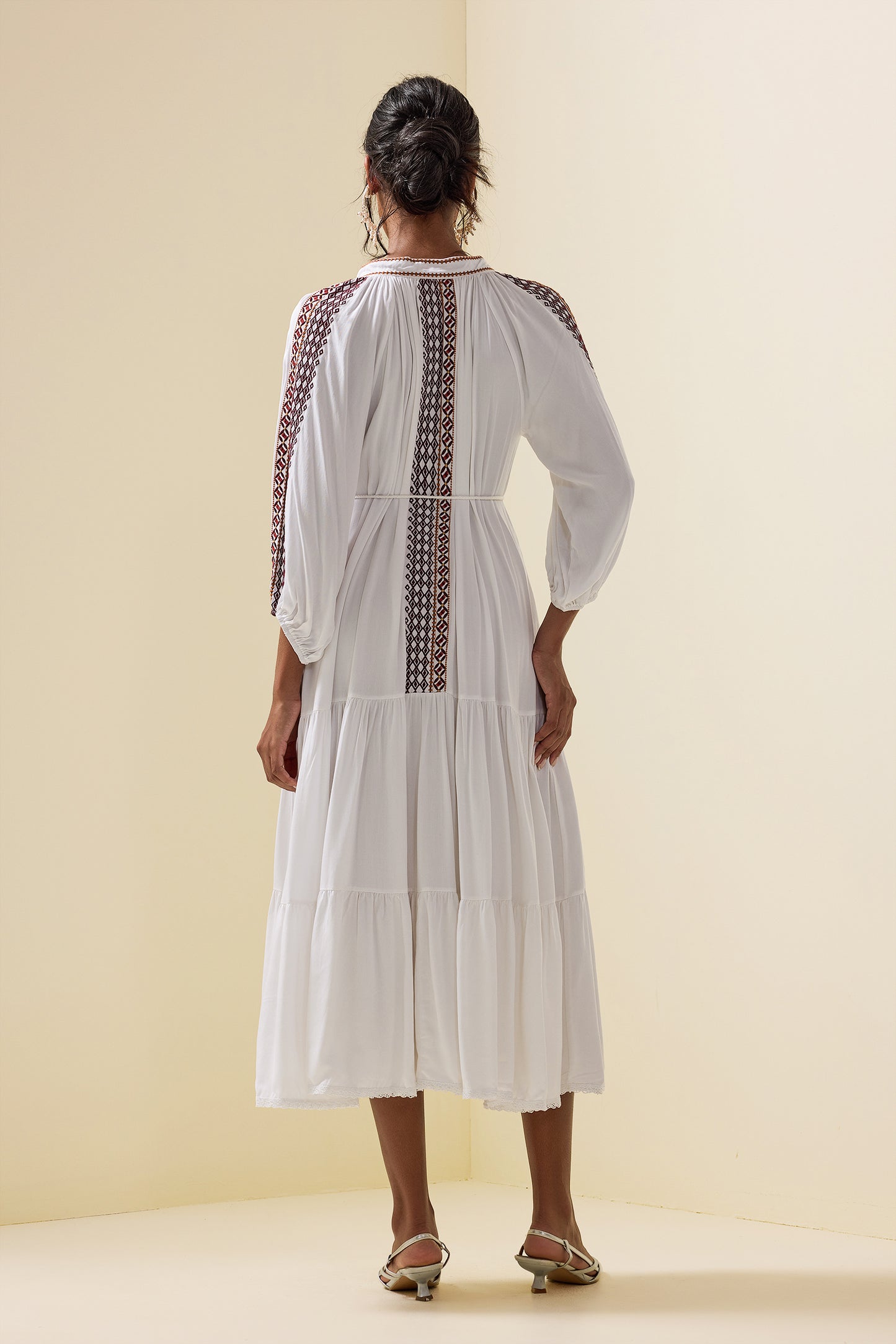 Paisley Print Embroidered Midi Dress With Belt