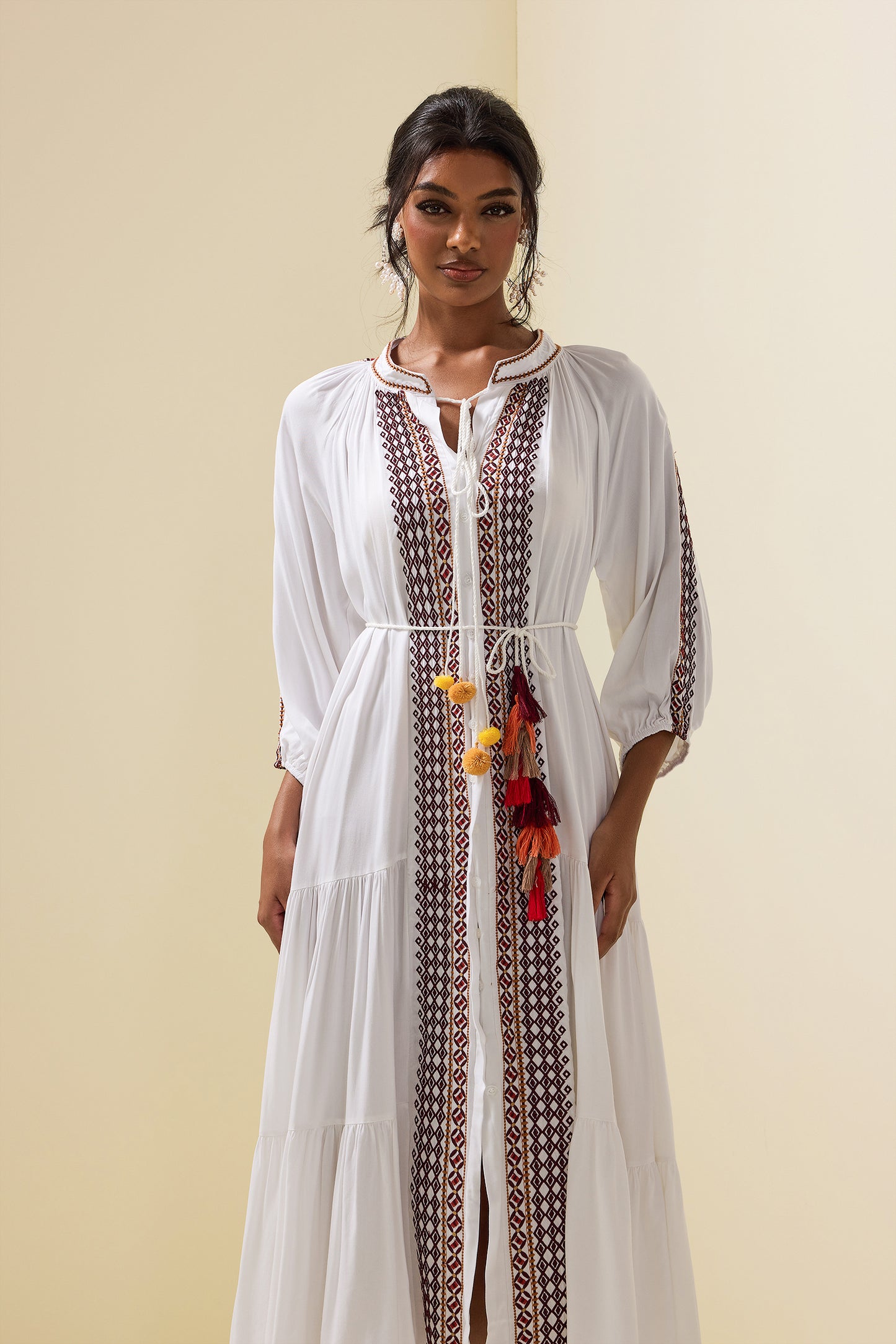 Paisley Print Embroidered Midi Dress With Belt
