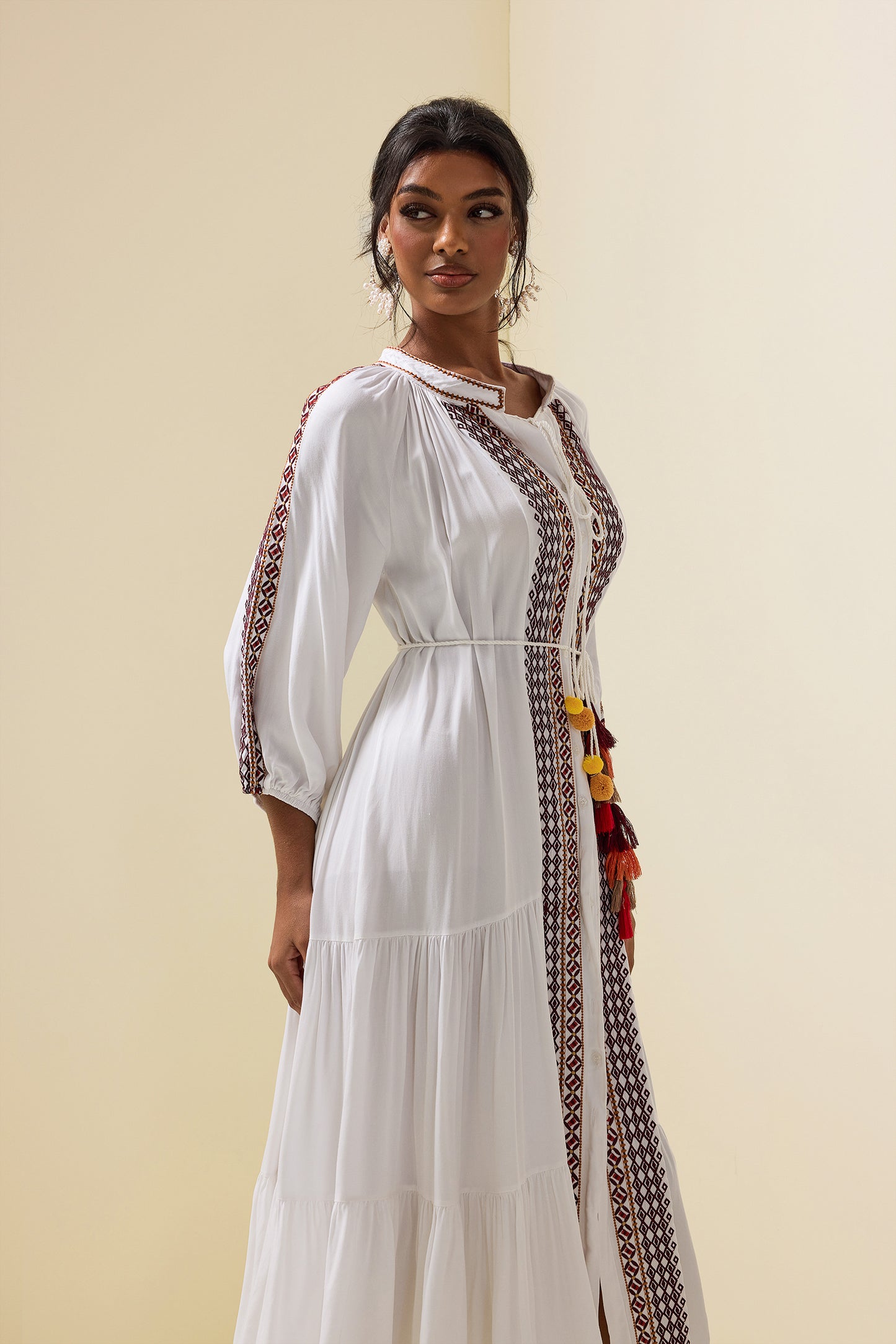 Paisley Print Embroidered Midi Dress With Belt