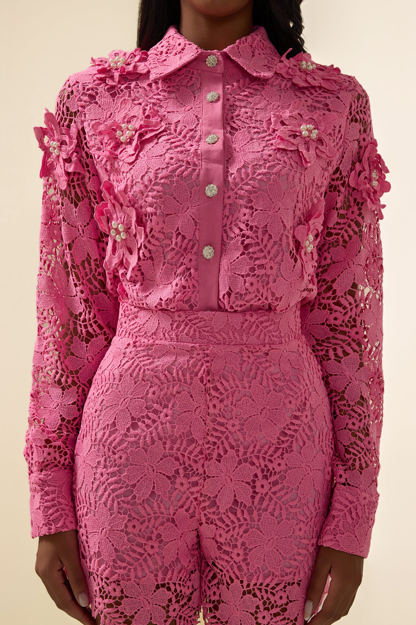 Solid Lace Rhinestone Bottom Top & High Waist Lace Mini Pants