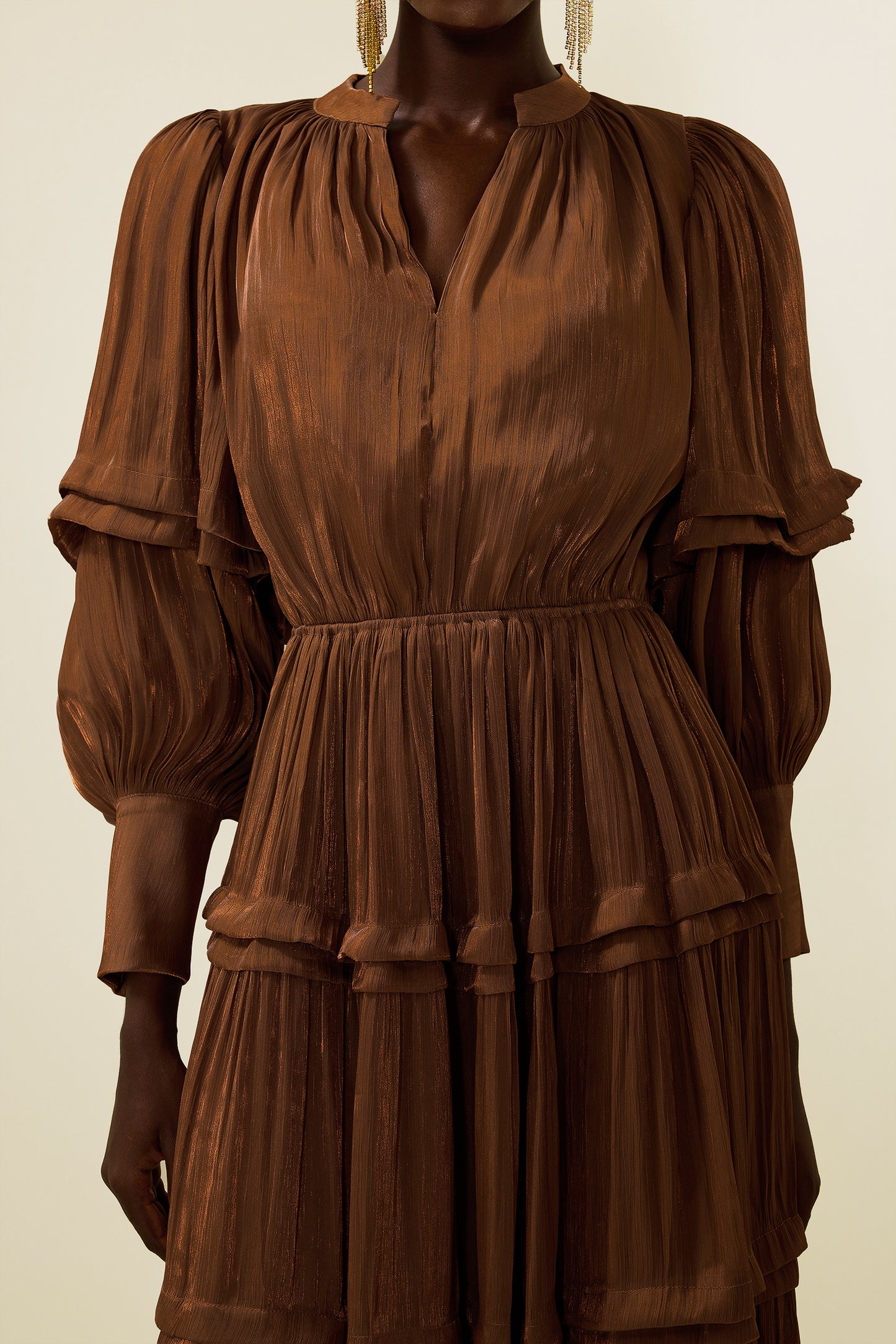 Pleat Lantern Sleeve V-Neck Midi Dress