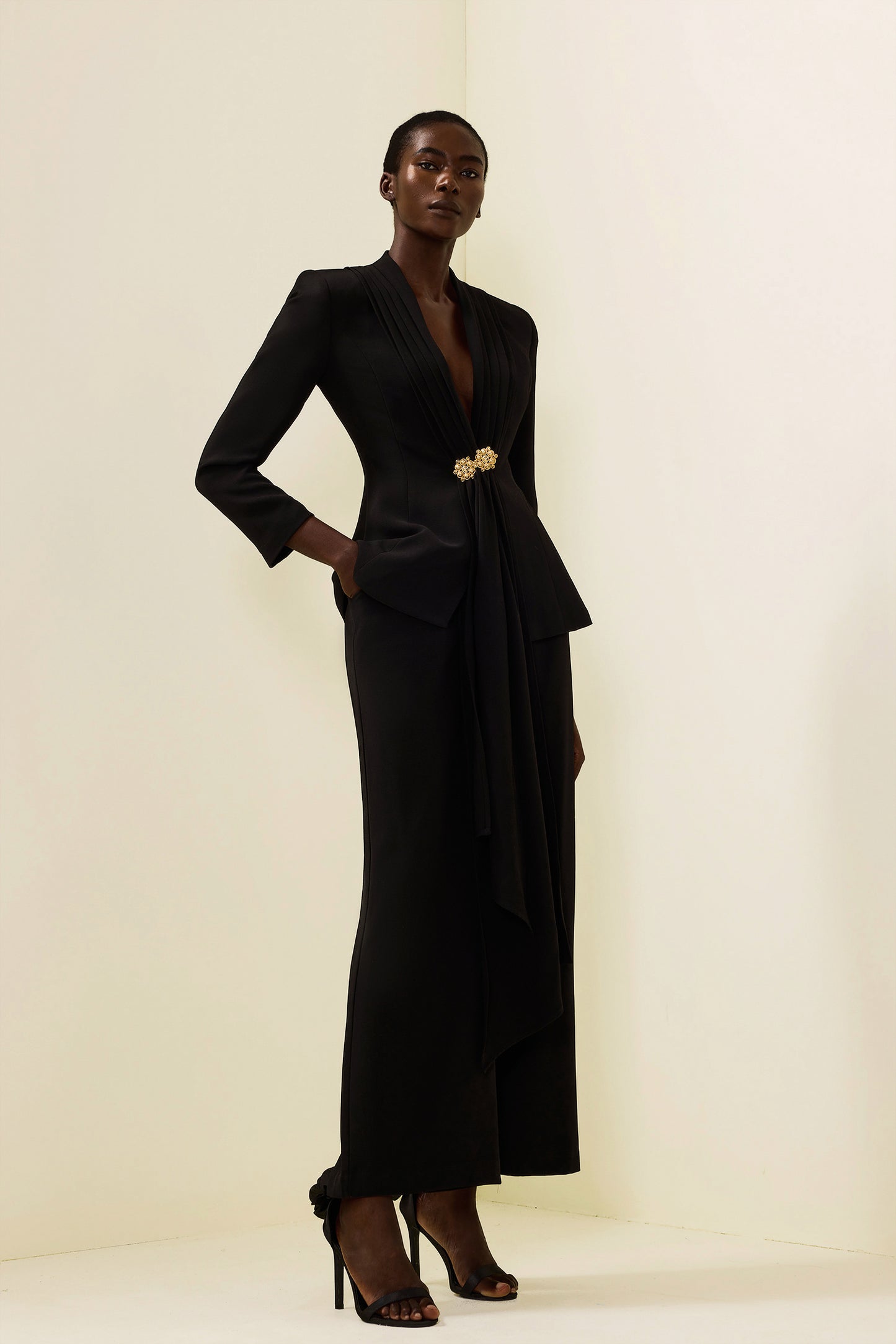Solid Ruched Bottom Blazer & Mid Waist Solid Pants Set