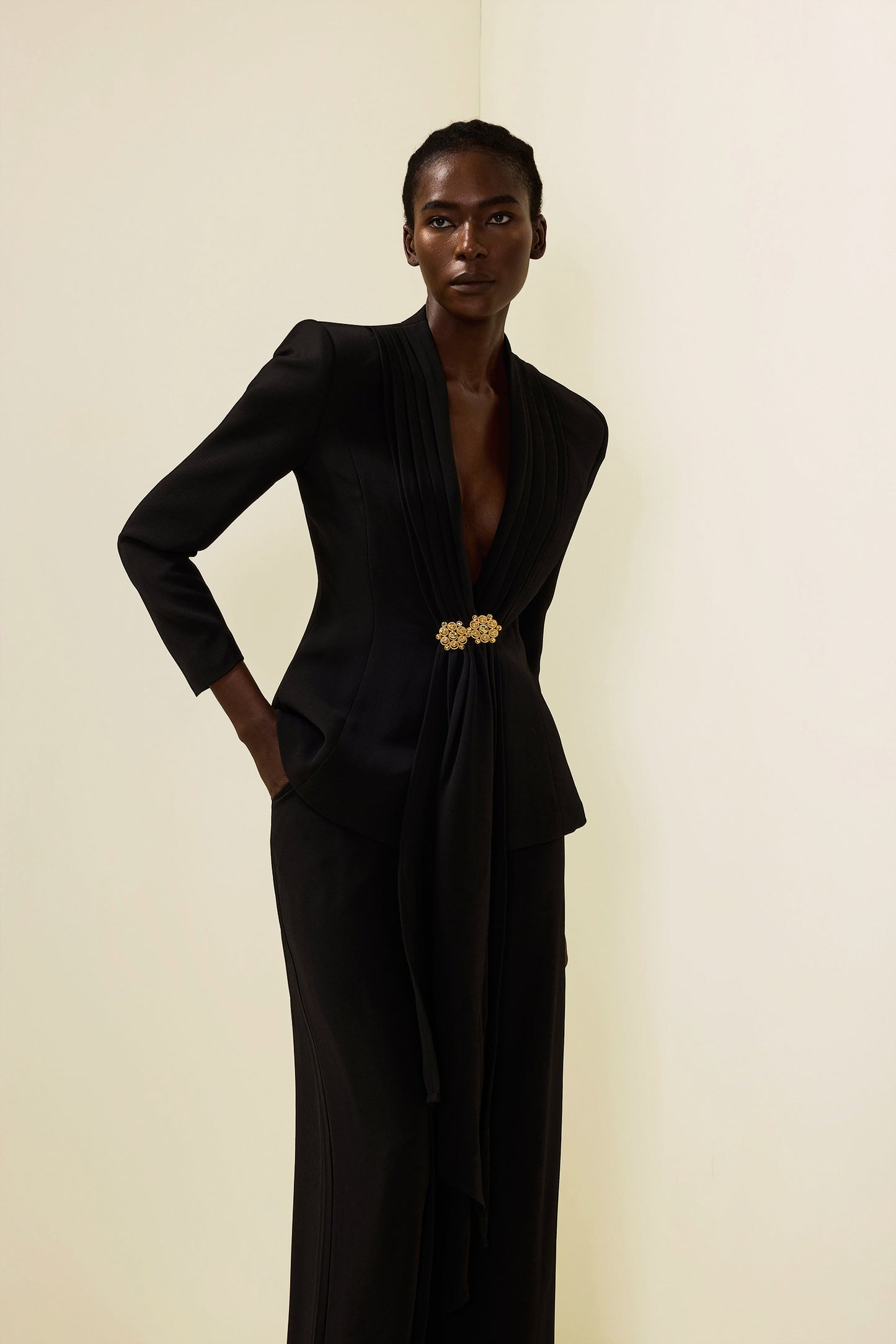 Solid Ruched Bottom Blazer & Mid Waist Solid Pants Set