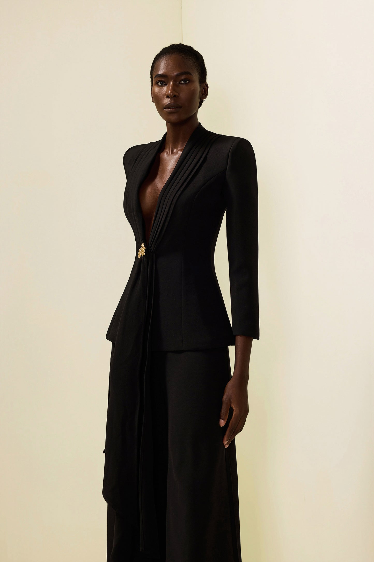 Solid Ruched Bottom Blazer & Mid Waist Solid Pants Set