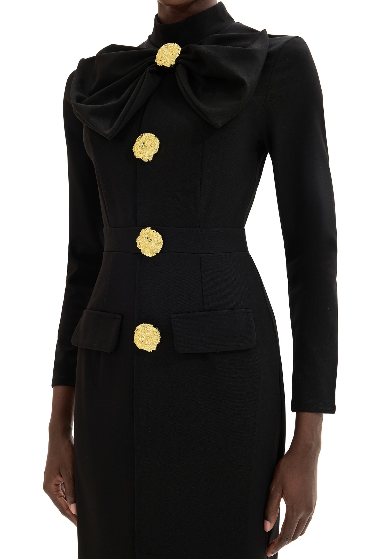 Bow Metal Button Long Sleeve Midi Dress